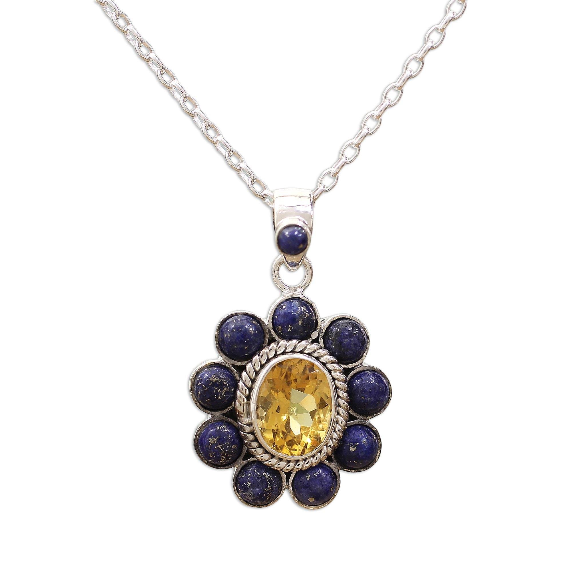 Premium Sunny Blue Citrine Lapis Lazuli Sterling Silver Necklace by NOVICA India