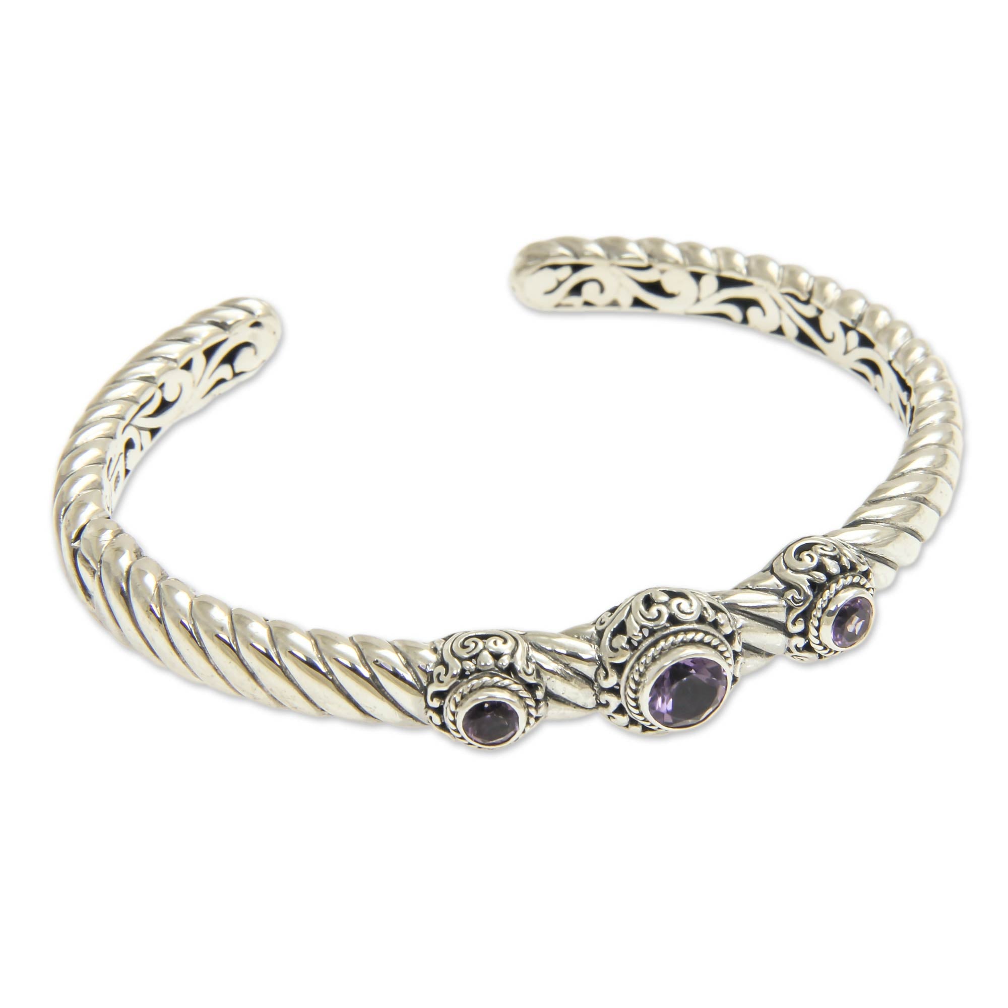 Premium Triple Crown Purple Amethyst Sterling Silver Cuff Bracelet - Bali Handcrafted Jewelry