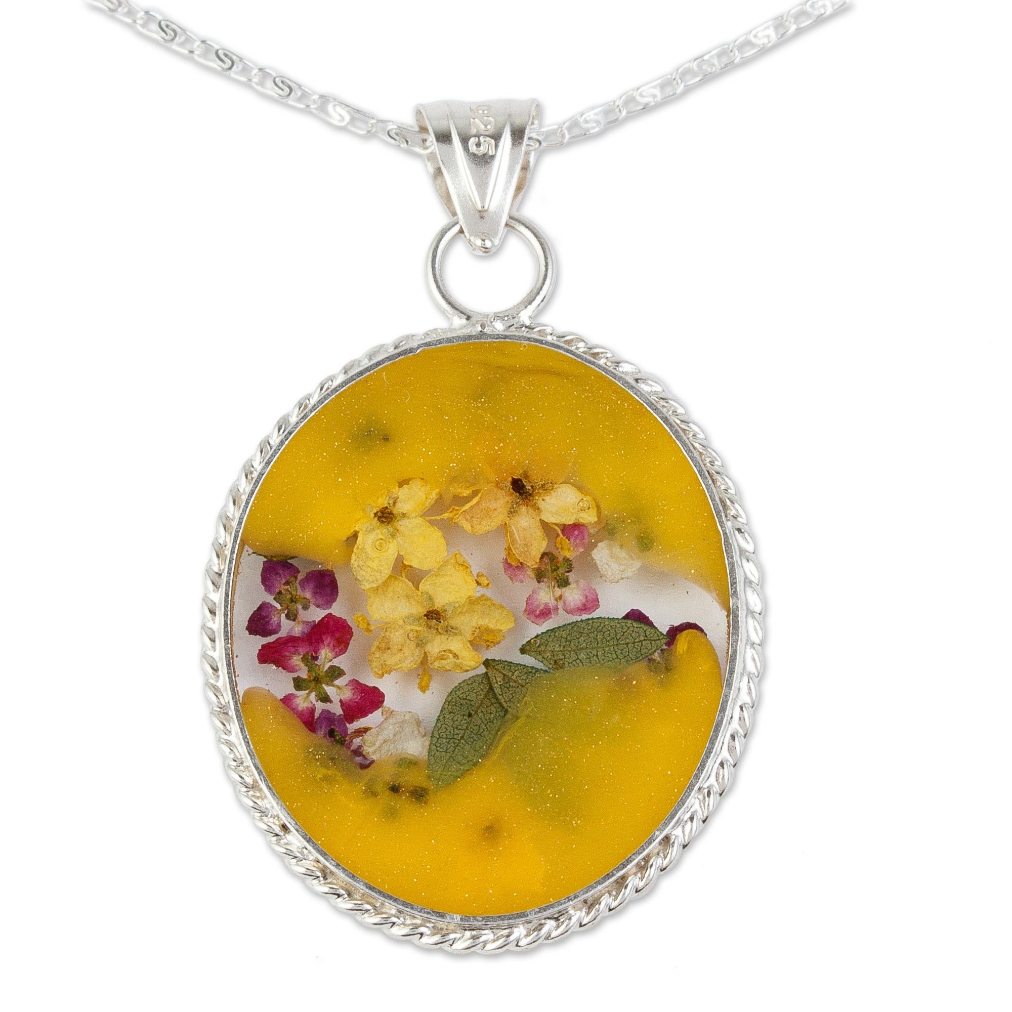 Premium Eternal Blossom Sterling Silver Necklace with Yellow Dried Flower Pendant