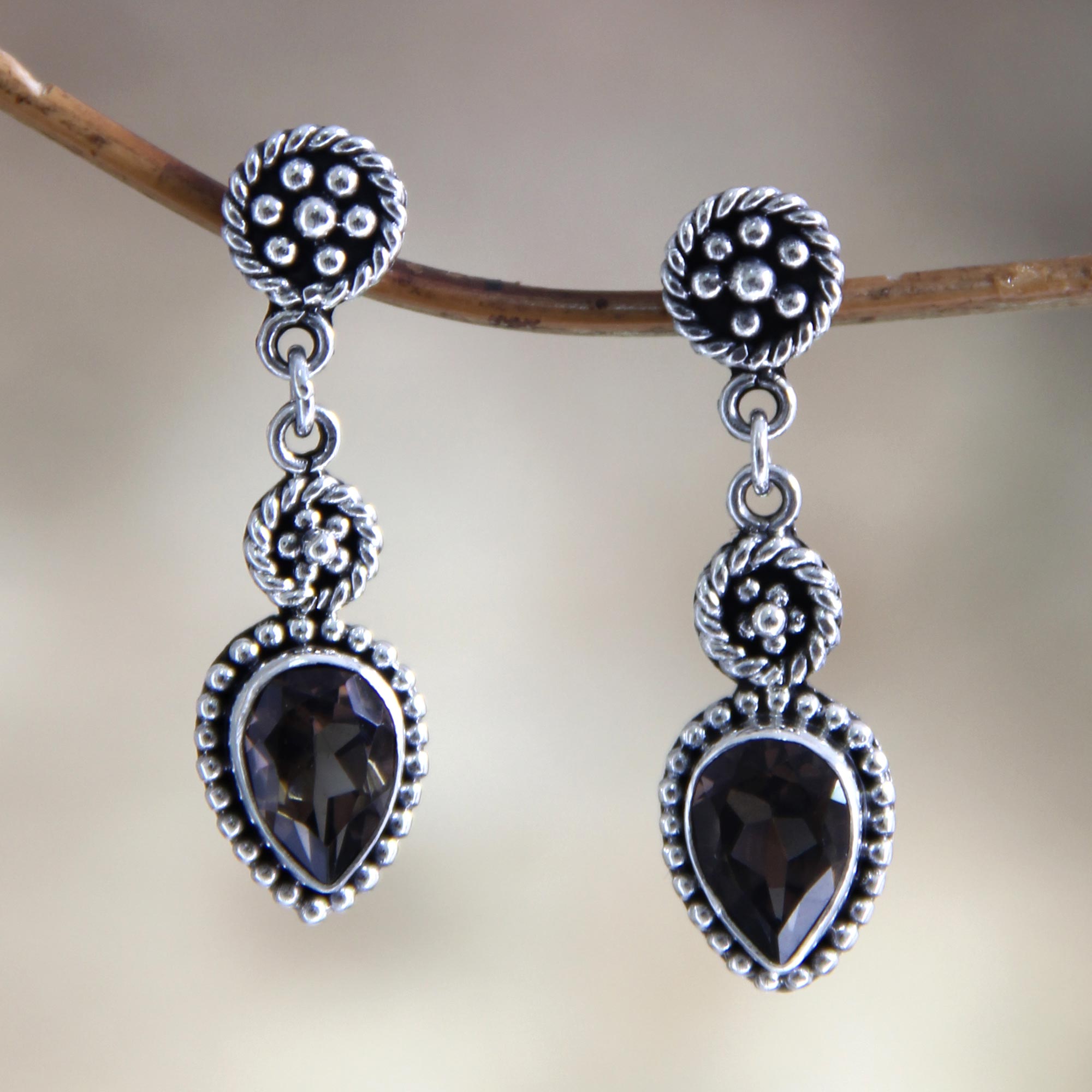 Premium Balinese Jackfruit Sterling Silver Earrings with Smoky Quartz