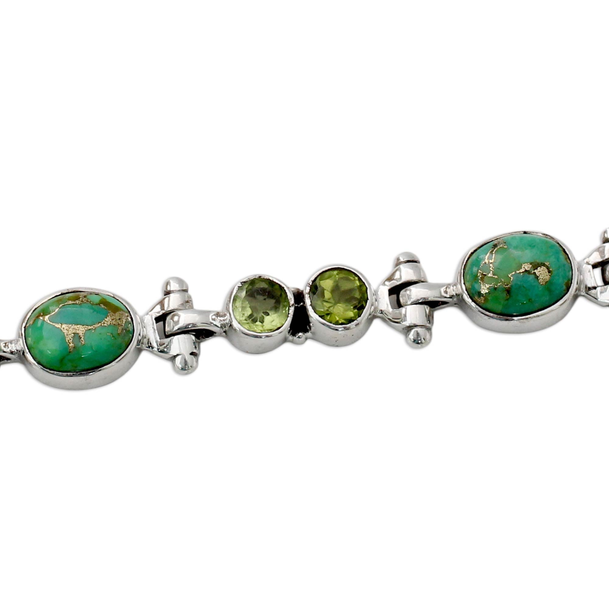 Premium Green Glow Peridot & Turquoise Sterling Silver Bracelet