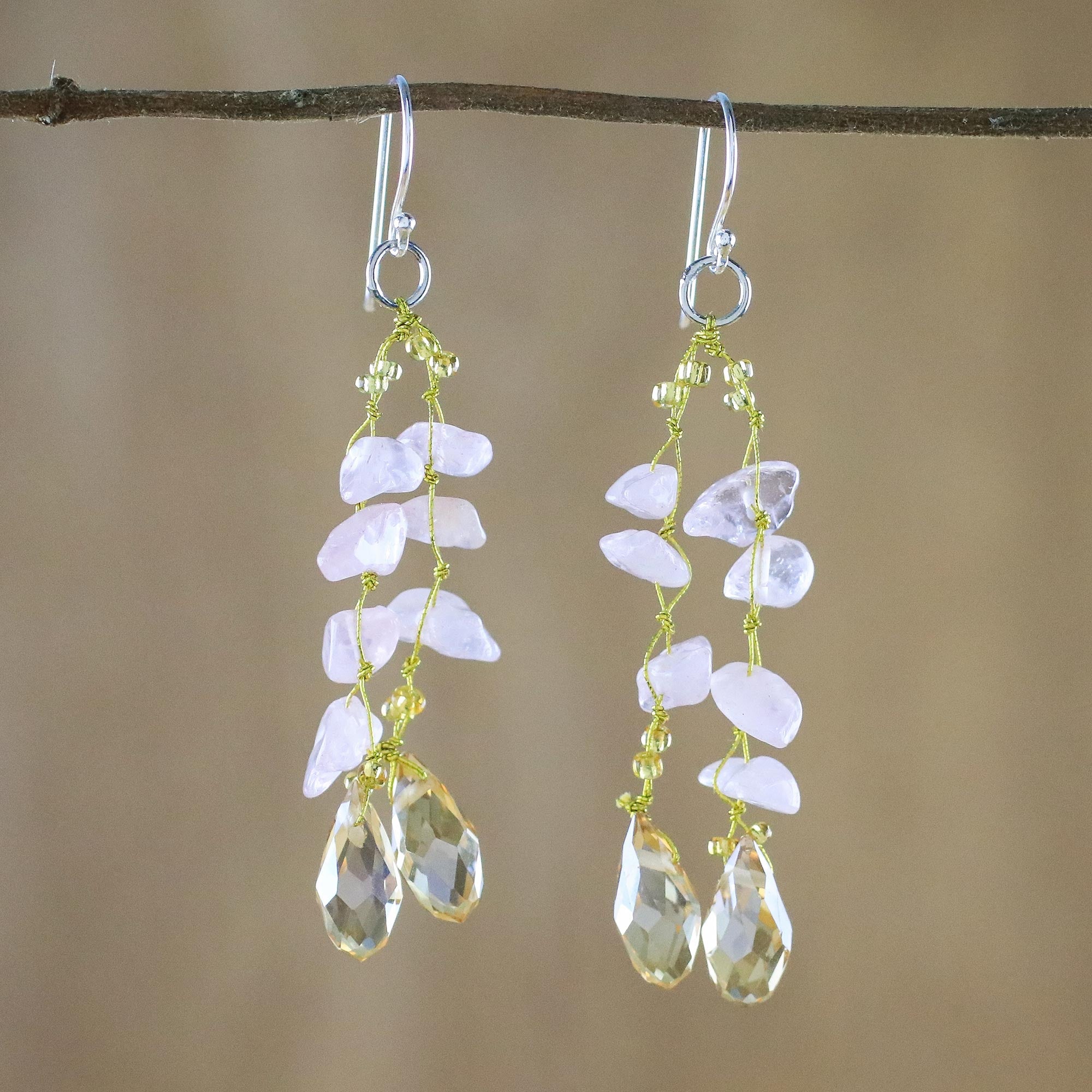 Premium Rose Quartz Dangle Earrings with Glass Beads – Handcrafted in Thailand