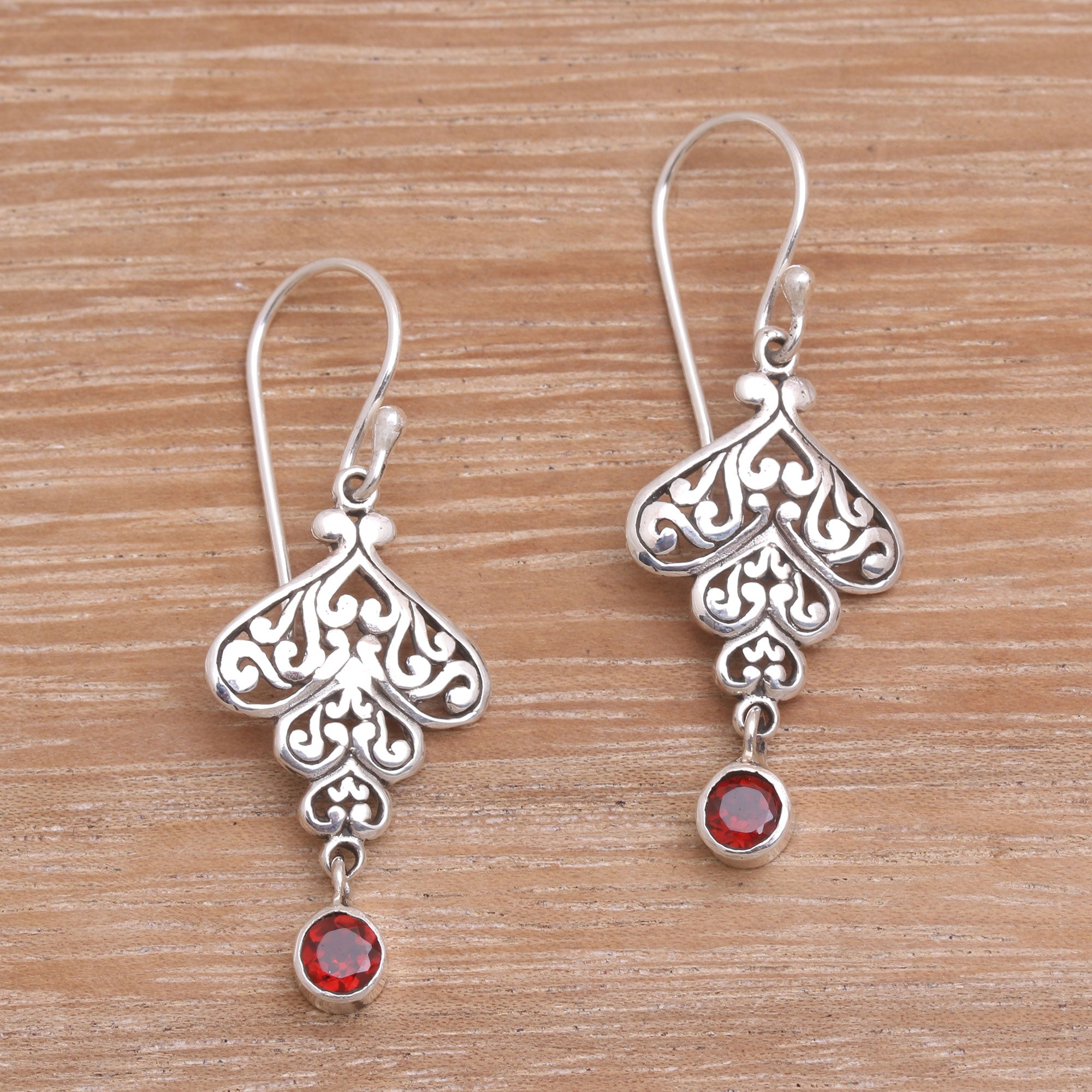 Premium Tumbling Hearts Garnet Dangle Earrings - Sterling Silver Elegance