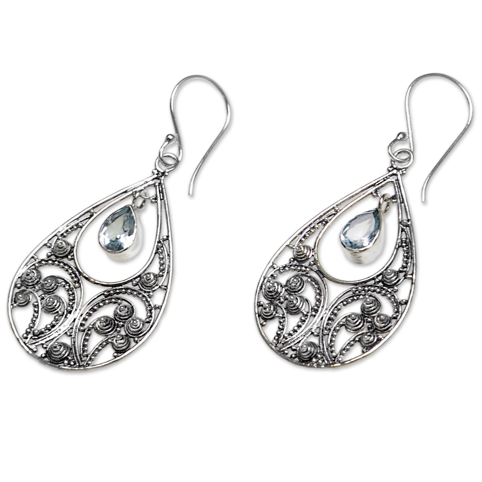 Premium Bali Crest Sterling Silver and Blue Topaz Dangle Earrings – Exotic Elegance