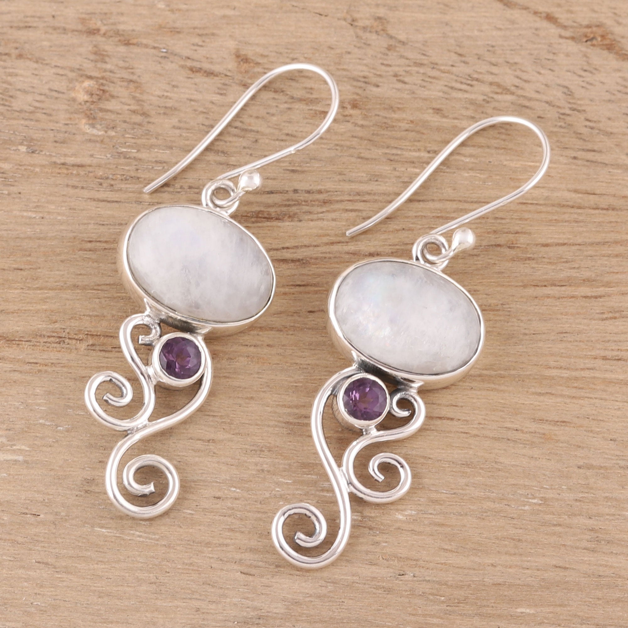 Premium Oval Tendrils Rainbow Moonstone & Amethyst Dangle Earrings - Handcrafted in India