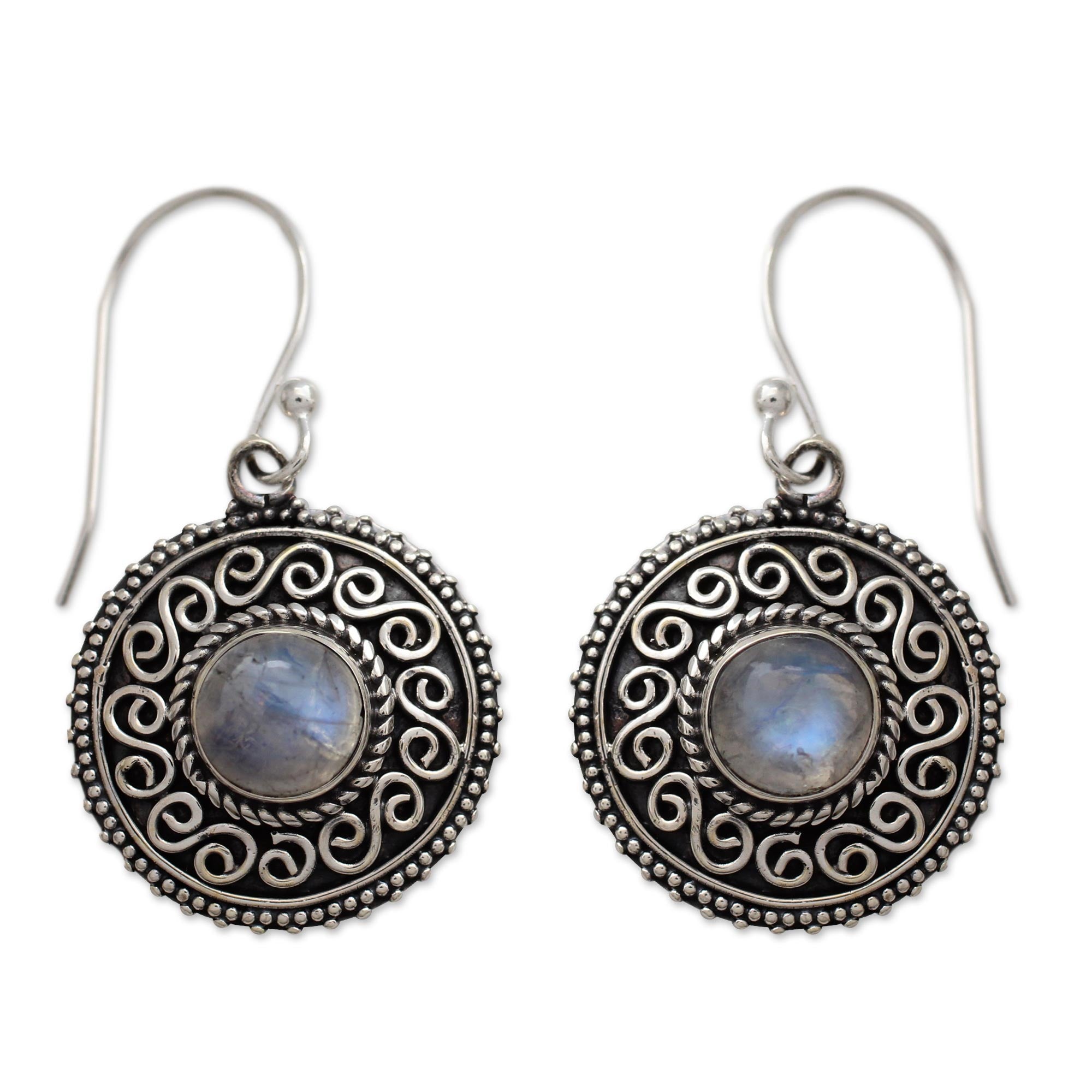 Premium Moonlight Mandala Rainbow Moonstone Dangle Earrings - Oxidized Silver Accents