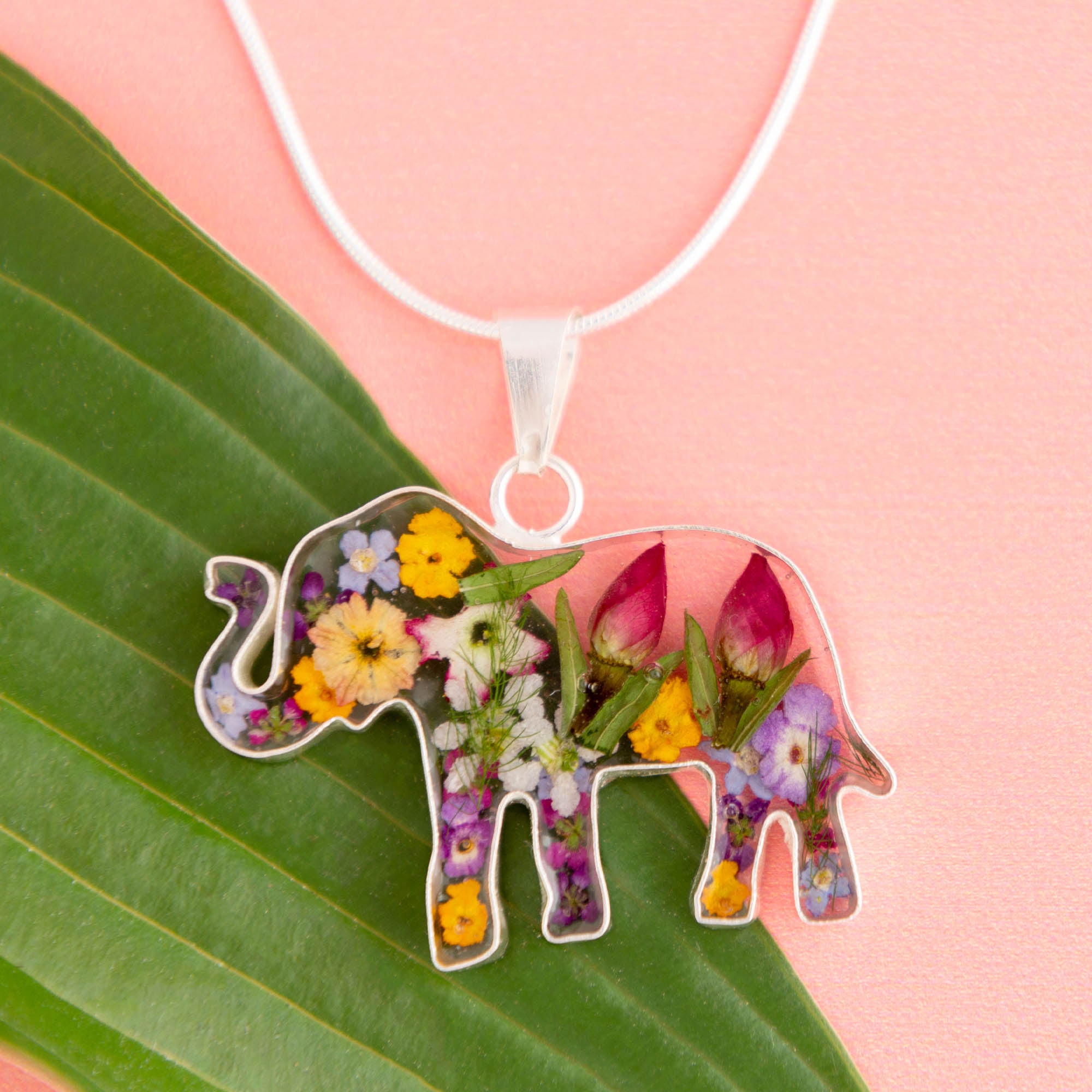 Premium Eternal Wildflower & Sterling Silver Elephant Pendant