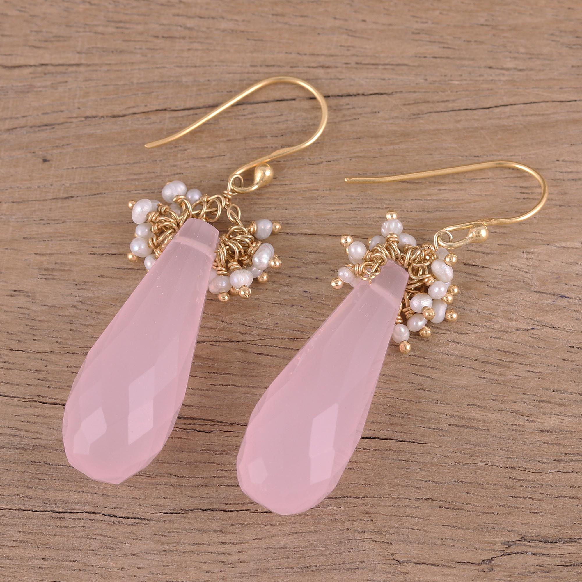 Premium Devoted Rose 22k Gold Plated Rose Quartz & Cultured Pearl Dangle Earrings