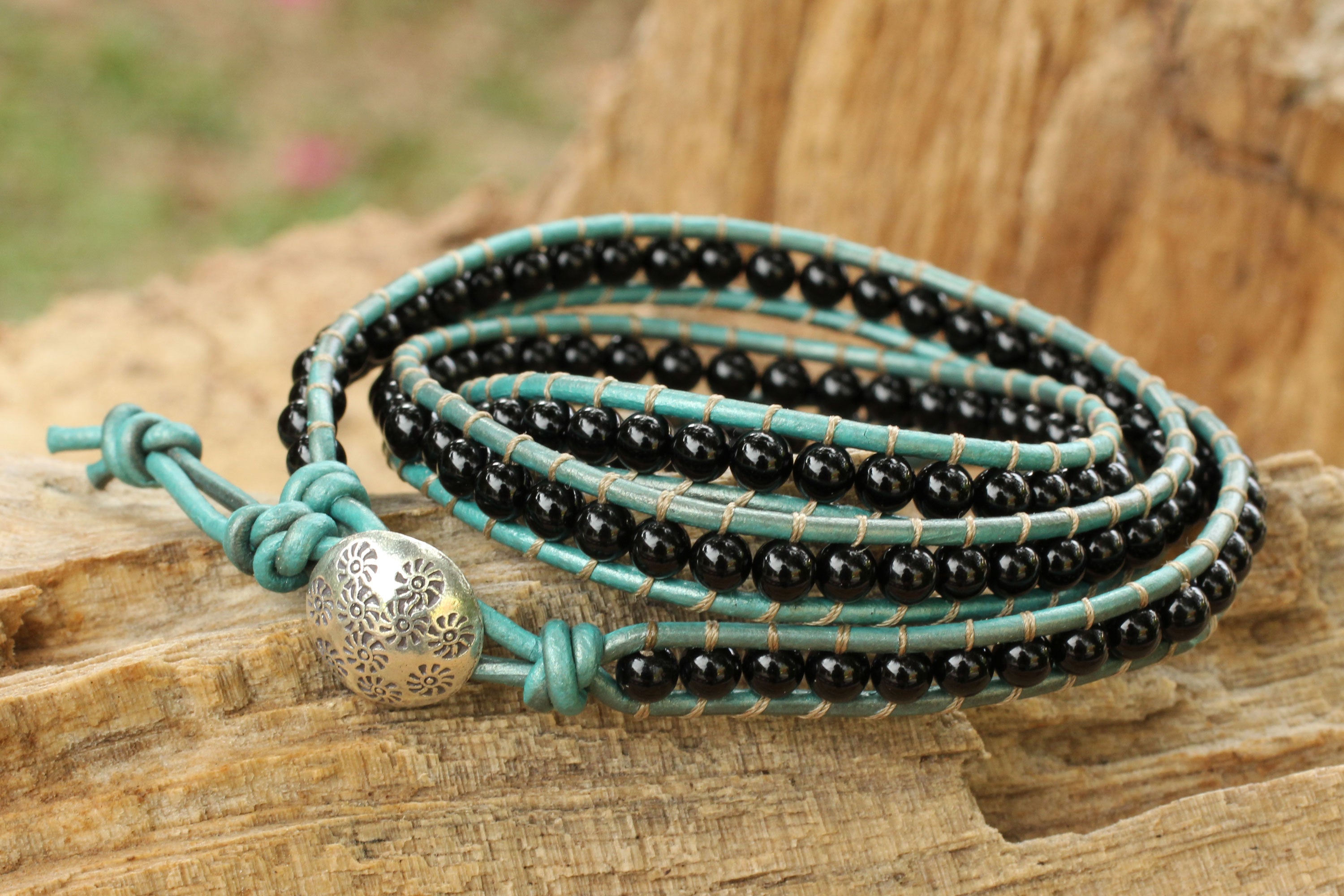 Premium Onyx & Leather Wrap Bracelet – Handcrafted by Thai Artisans