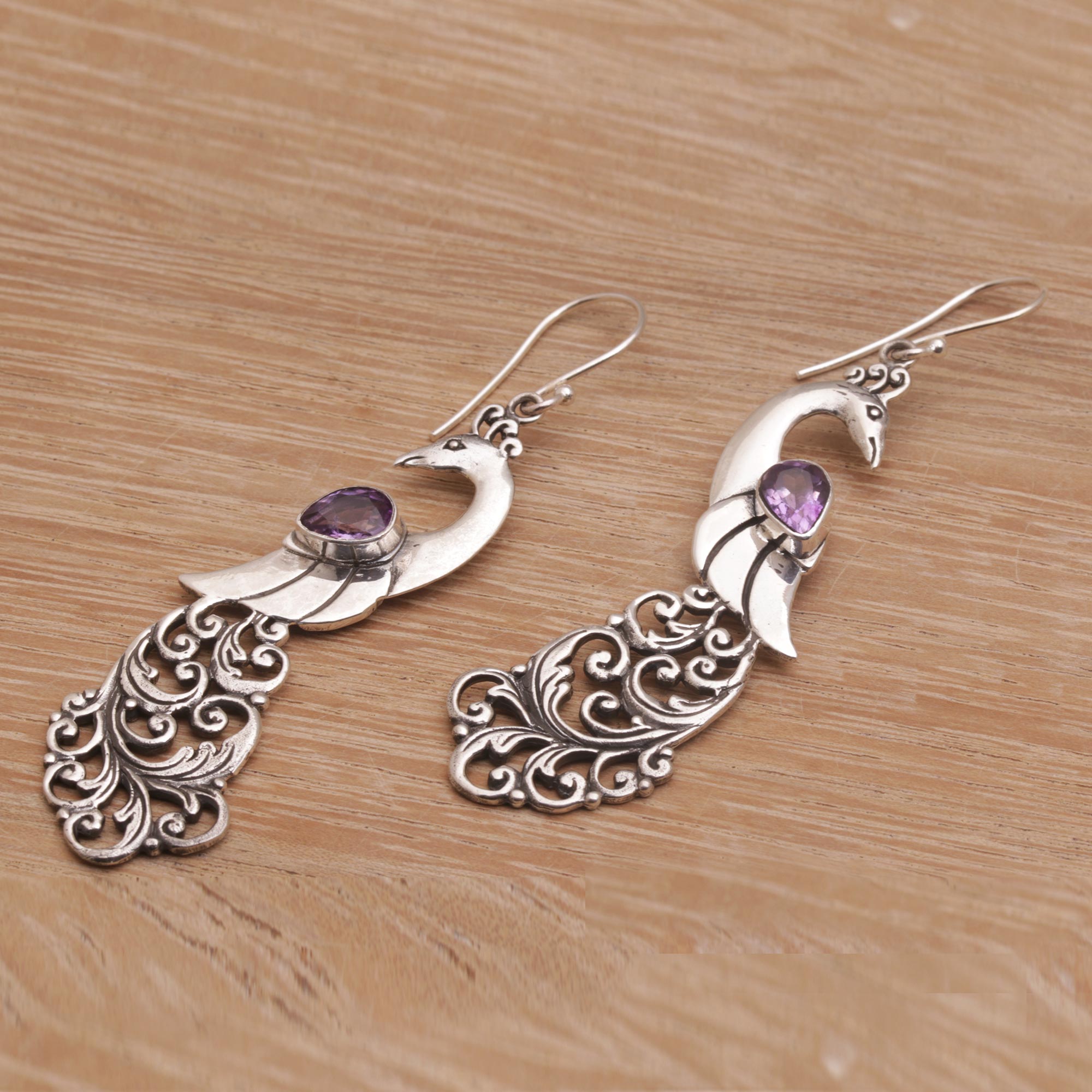 Premium Amethyst Peafowl Dangle Earrings in Sterling Silver