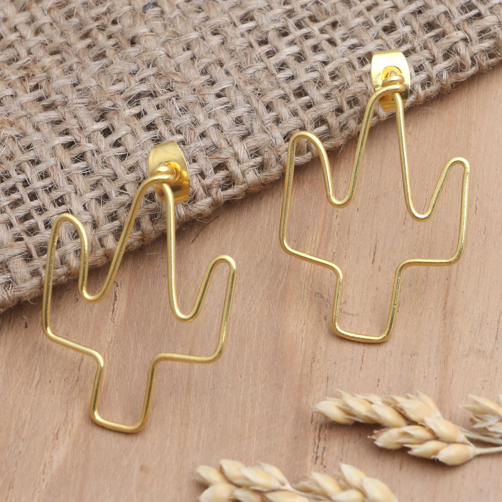 Premium Gold-Plated Cactus Drop Earrings - Handcrafted in Bali