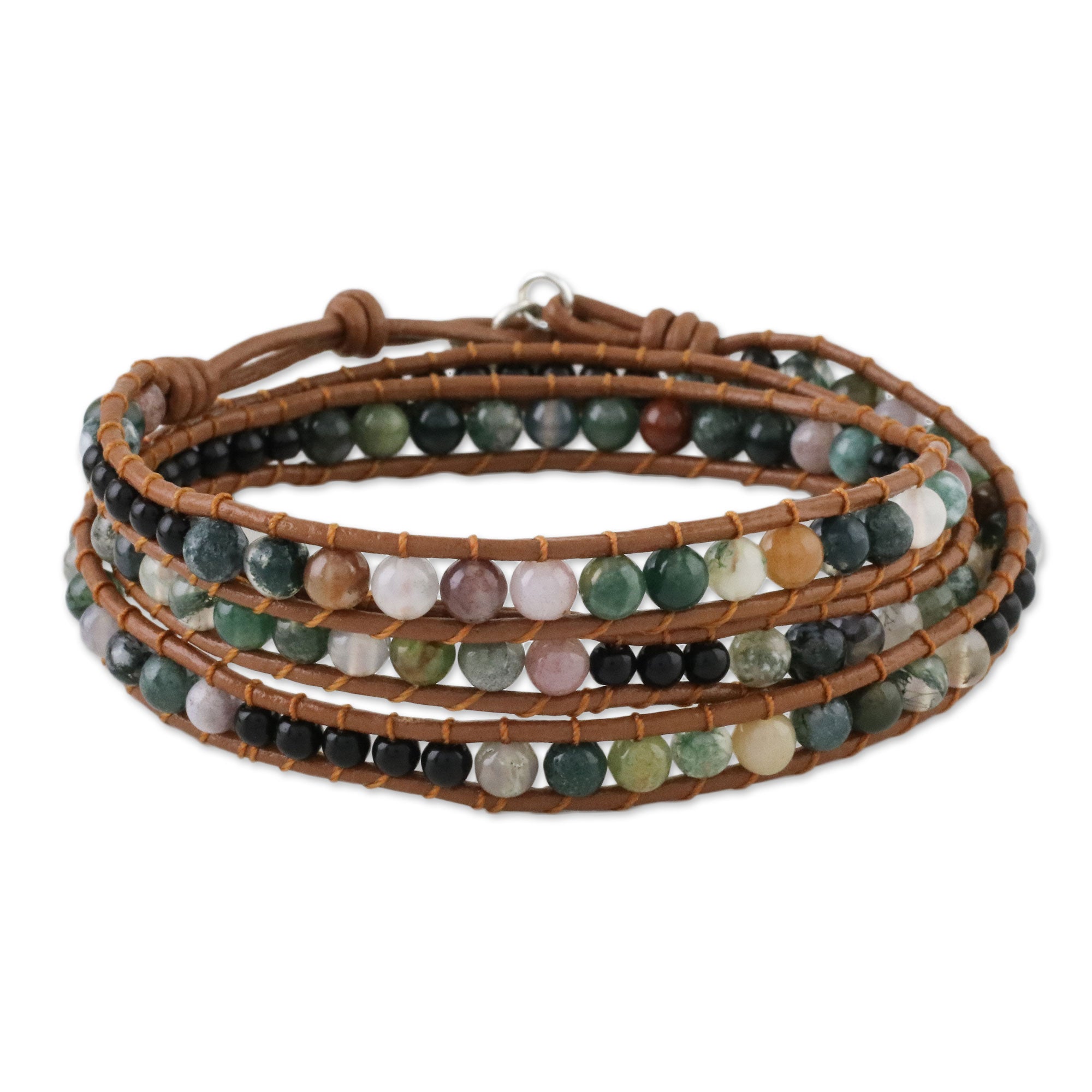 Premium Sunset Fields Moss Agate & Onyx Wrap Bracelet - Unisex Leather Cord Design