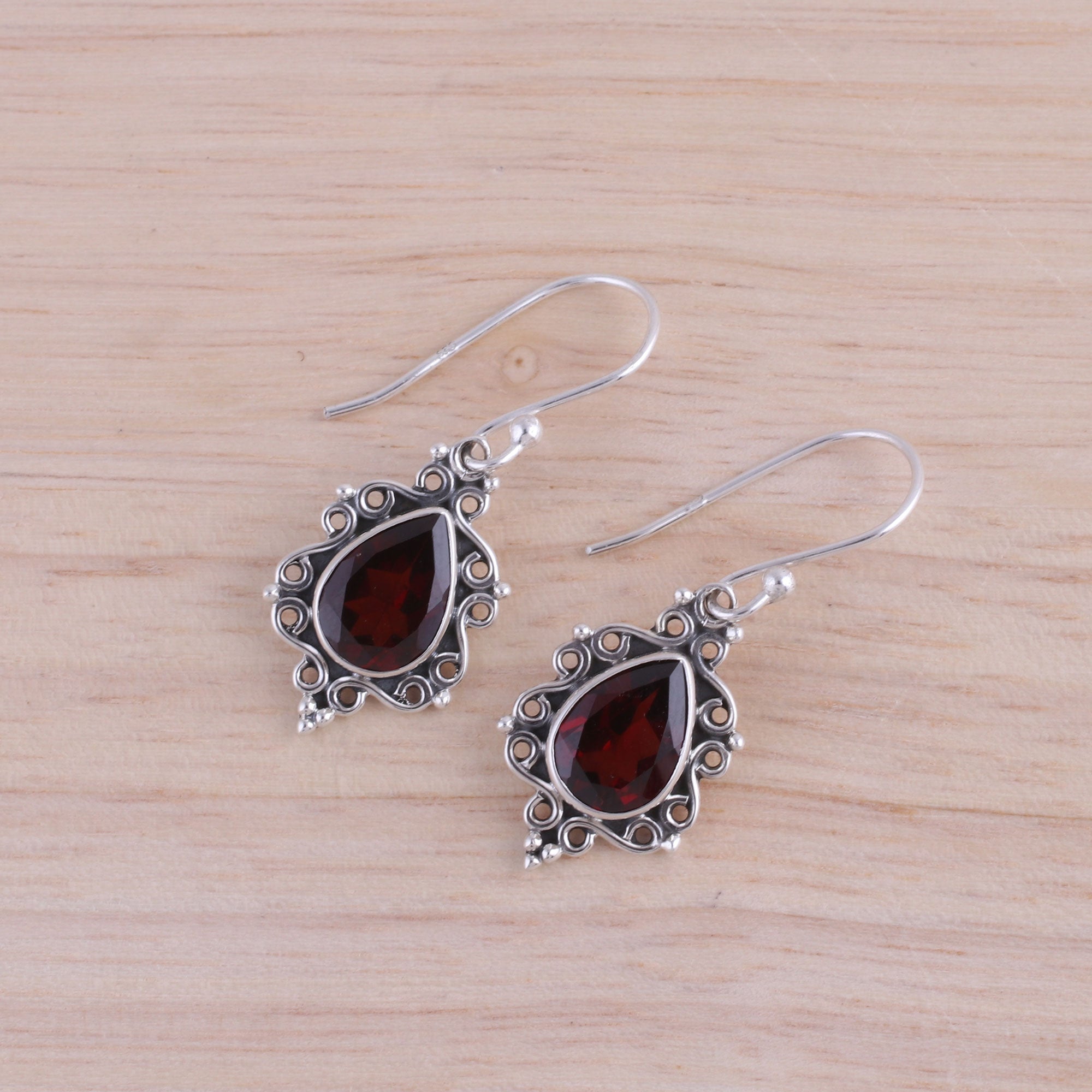 Premium Sterling Silver & Garnet Dangle Earrings - Handcrafted in India