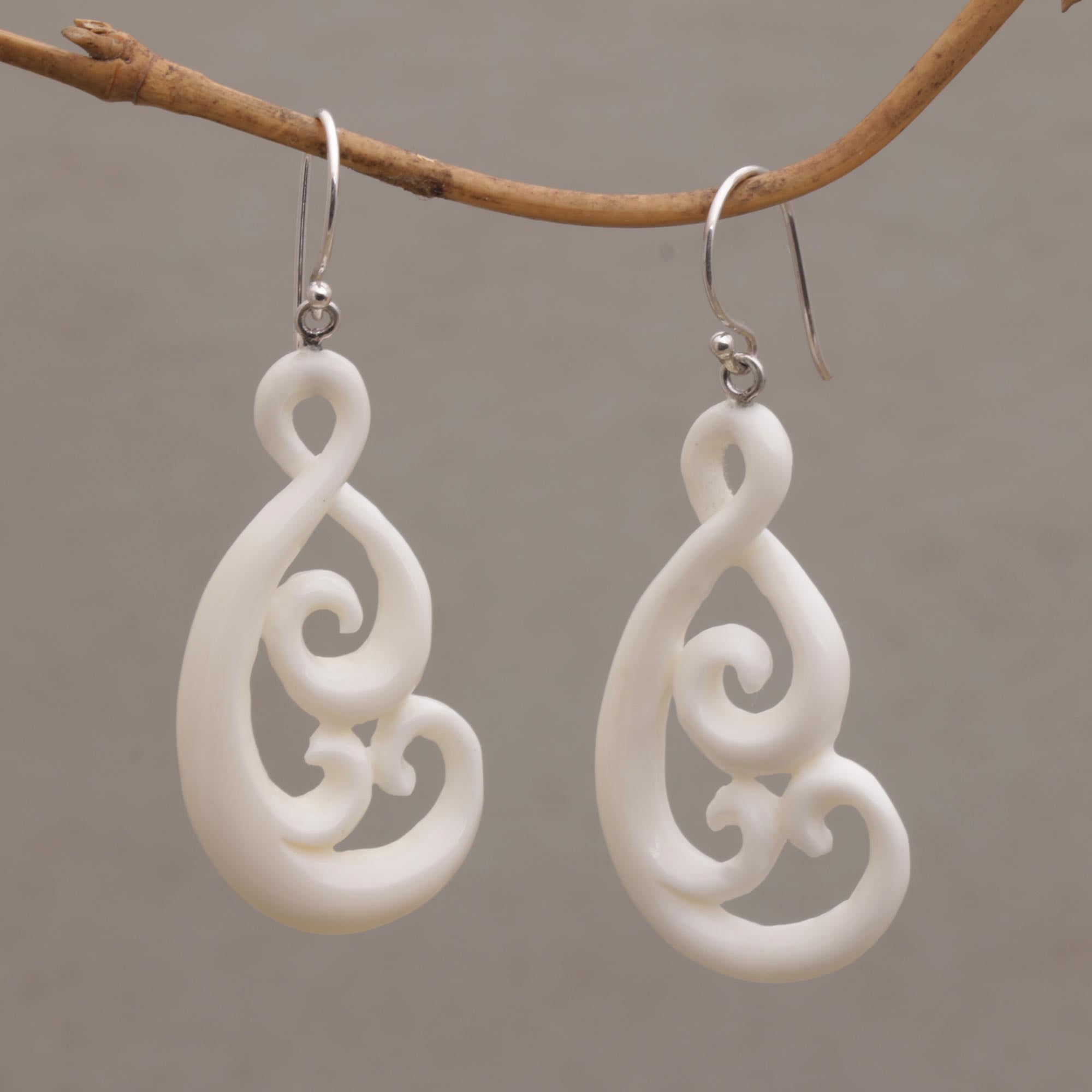 Premium Handcrafted Swirly Vines Bone Dangle Earrings from Bali