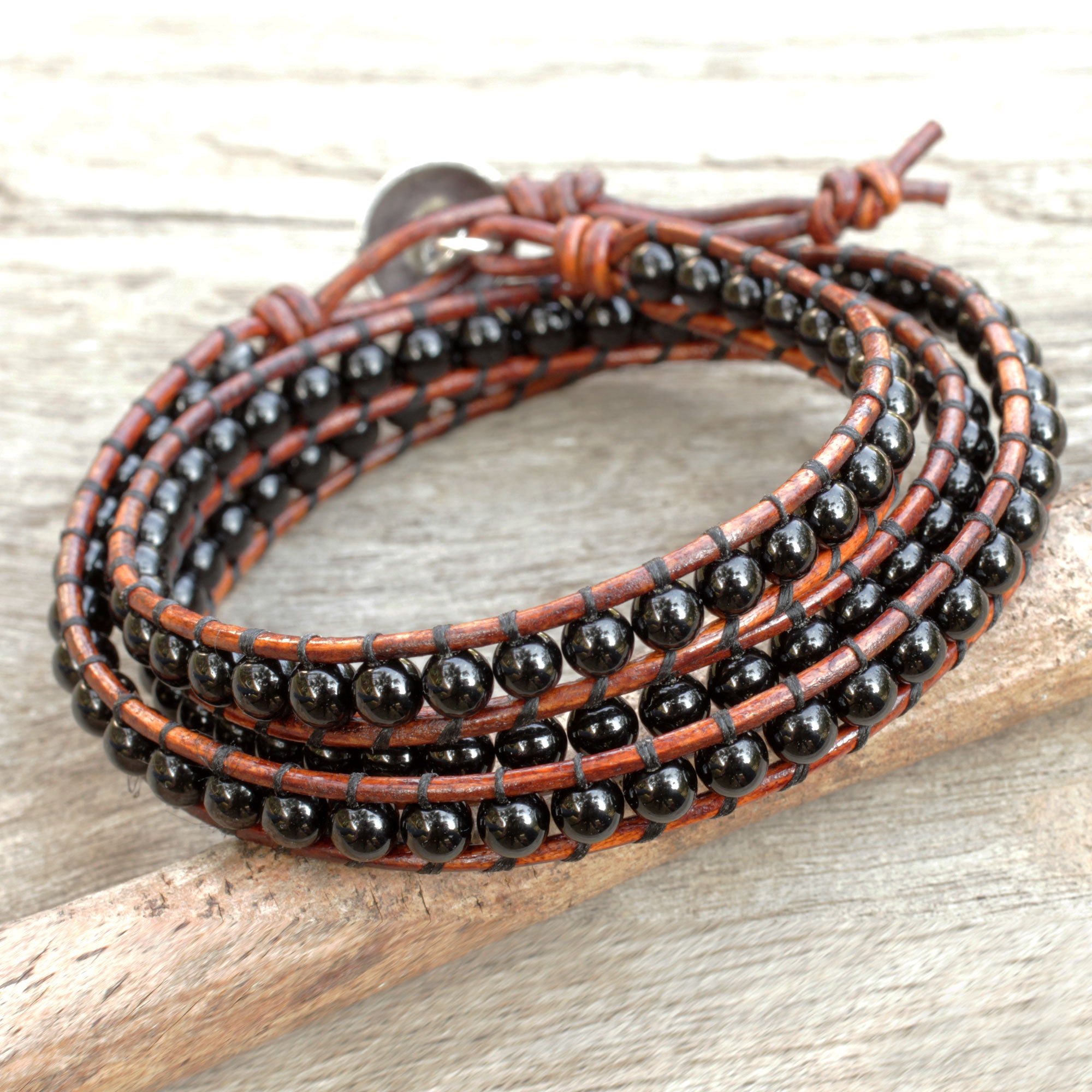 Premium Surin Night Onyx & Leather Wrap Bracelet with Hill Tribe Silver Clasp