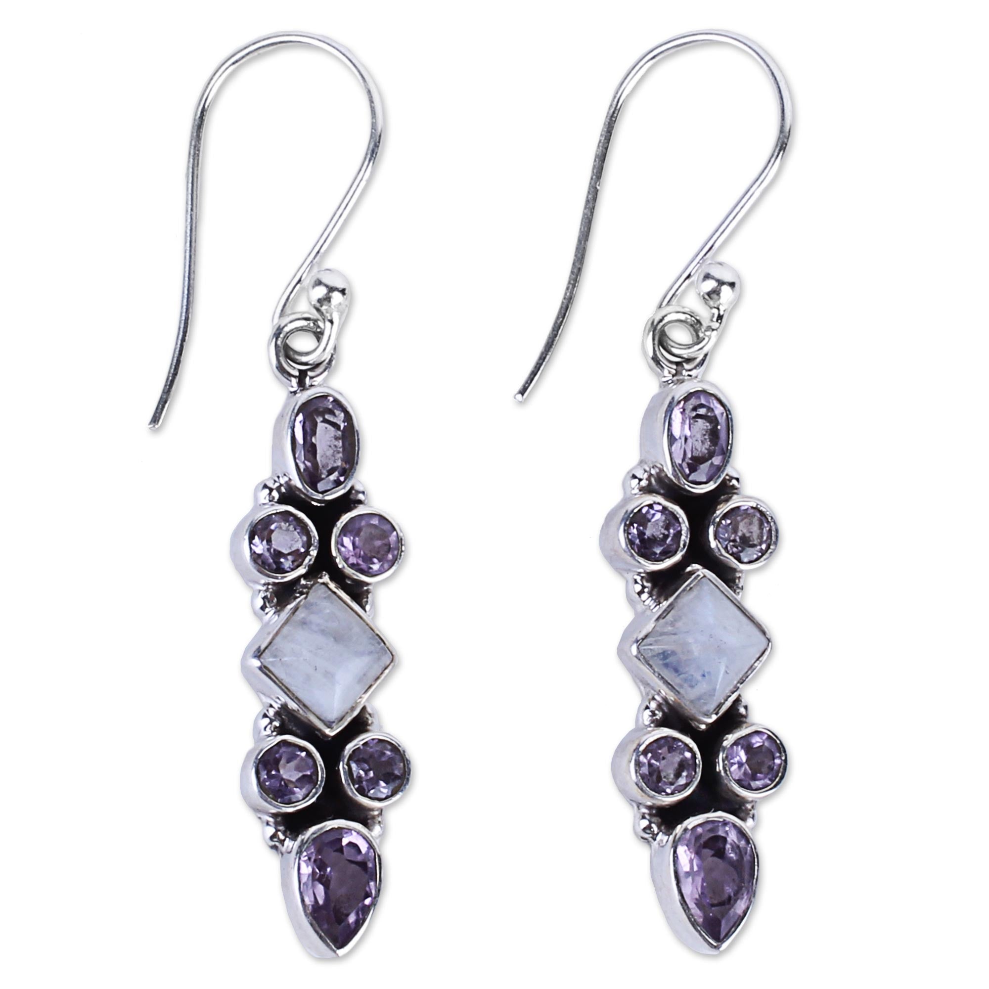 Premium Sterling Silver Rainbow Moonstone & Amethyst Dangle Earrings | Handcrafted in India