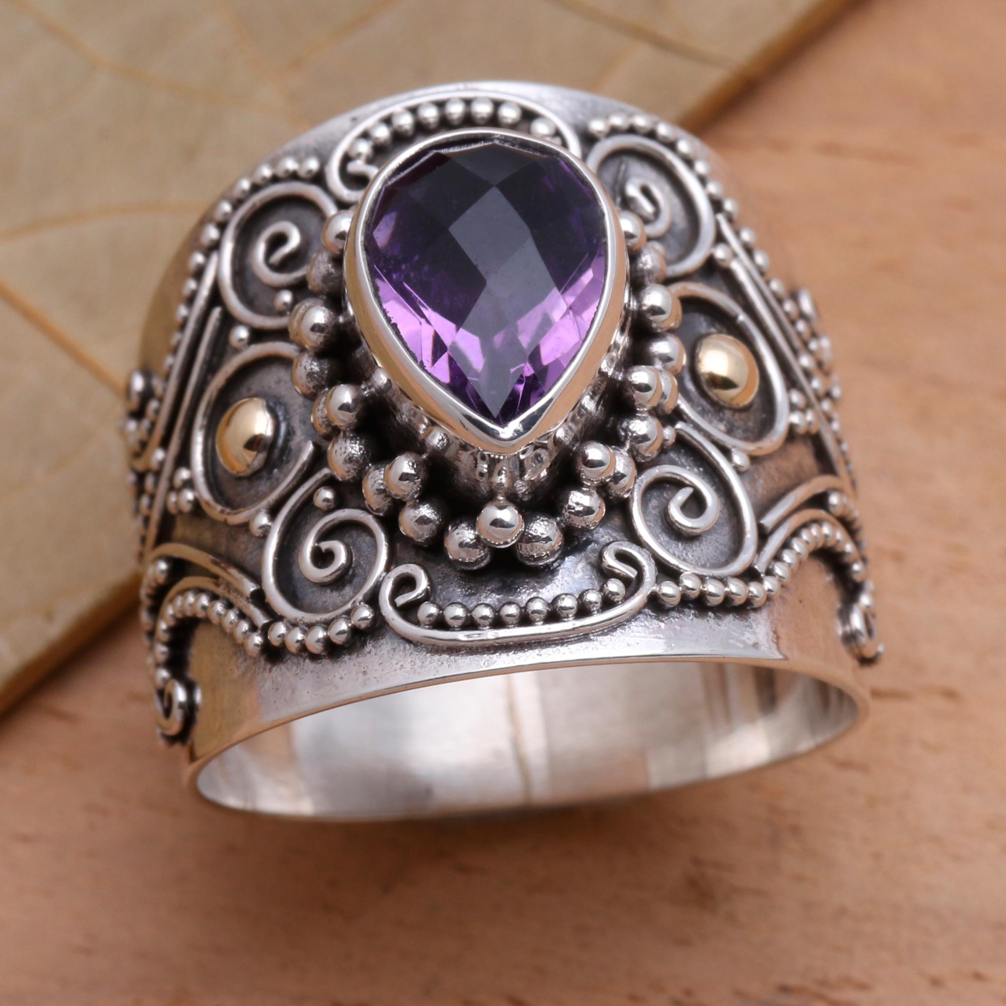 Premium Balinese Amethyst Ring with Gold Accents - Elegant Checkerboard Design