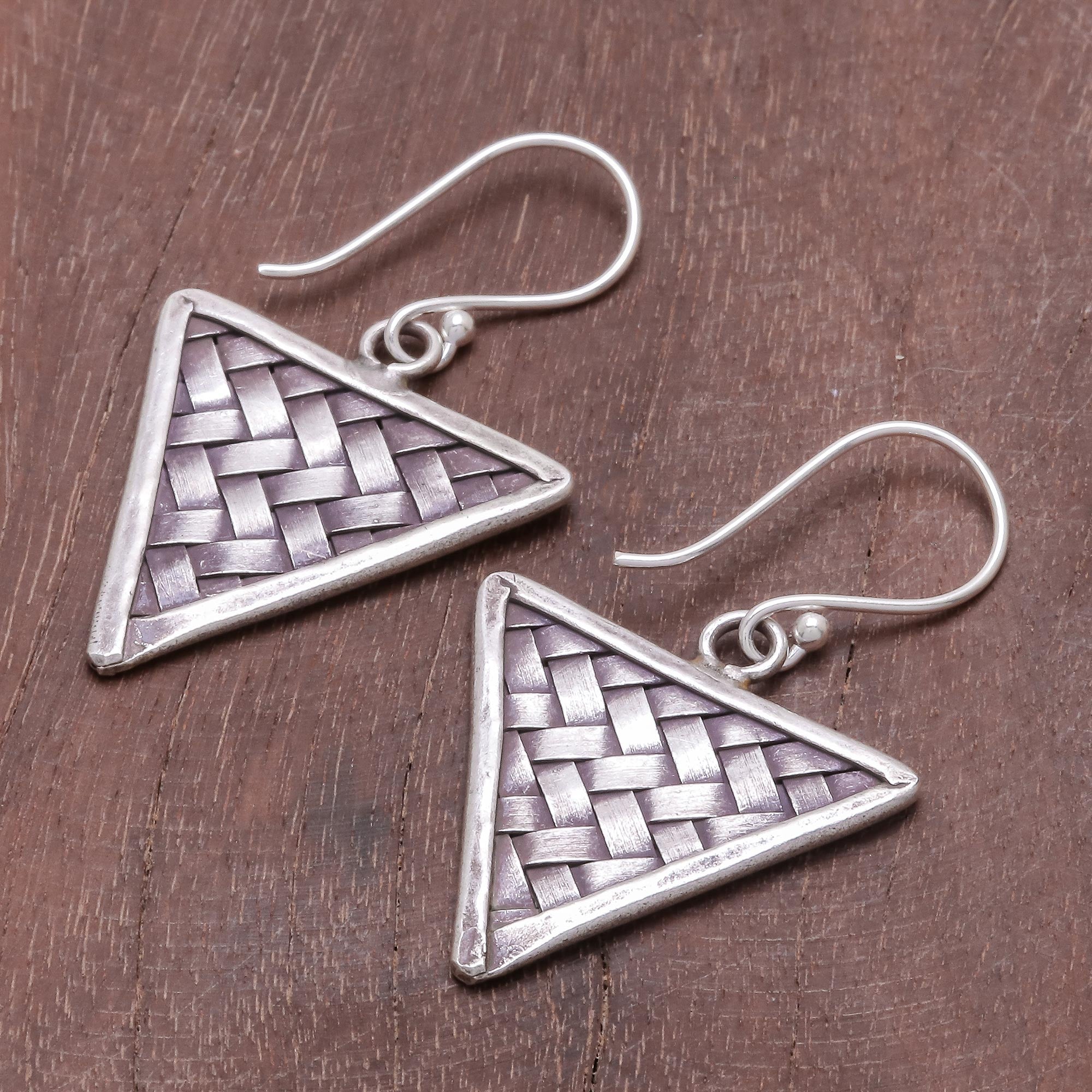 Premium Triangle Weave Silver Dangle Earrings - Handcrafted Karen Hill Tribe Artisan Design