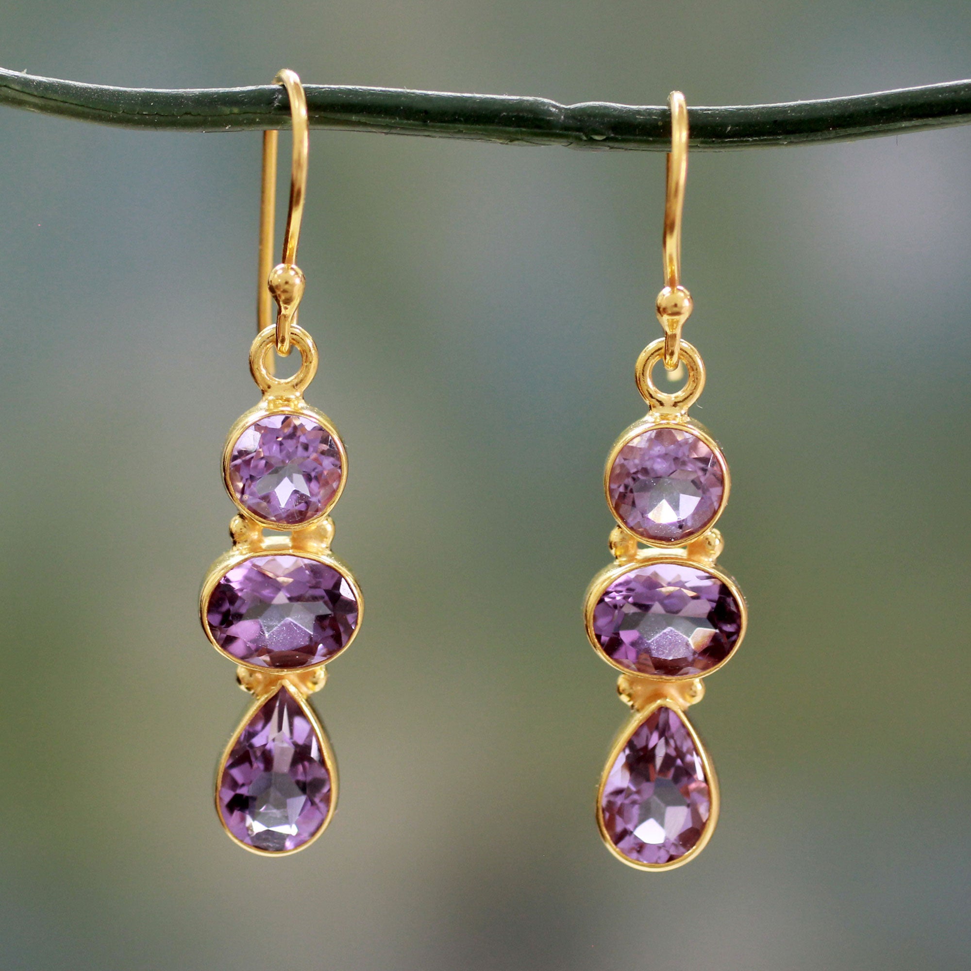 Premium Lilac Triad Amethyst Gold-Plated Dangle Earrings - Ultimate Elegance