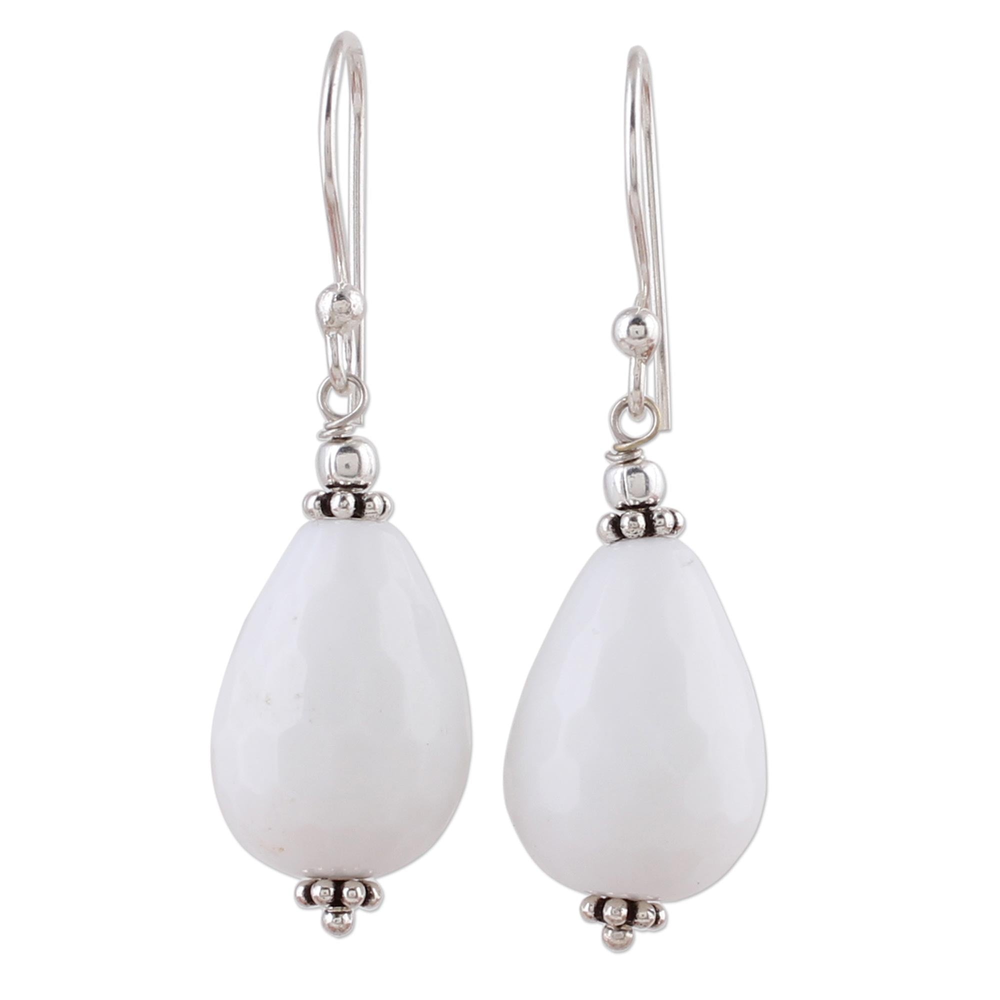 Premium White Agate Drop Earrings - Sterling Silver Handmade Jewelry