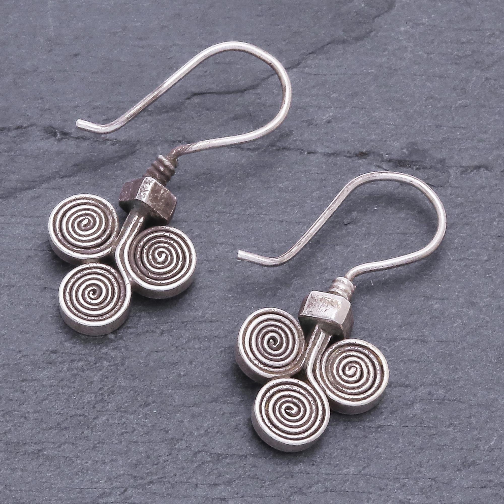 Premium Kariang Curls Oxidized 950 Silver Spiral Drop Earrings - Handcrafted Elegance