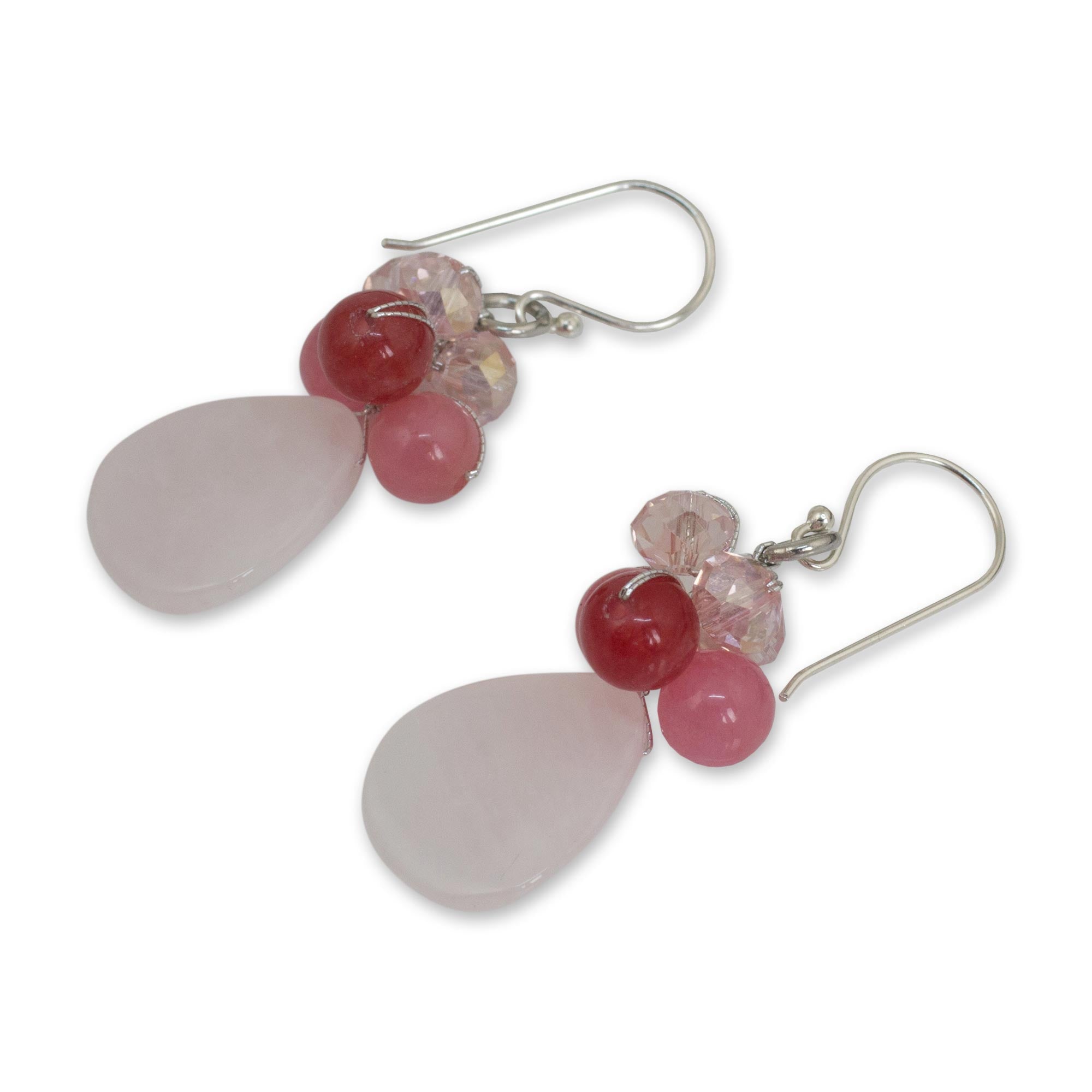 Premium Rose Quartz Silver Beaded Earrings - Handmade Elegance