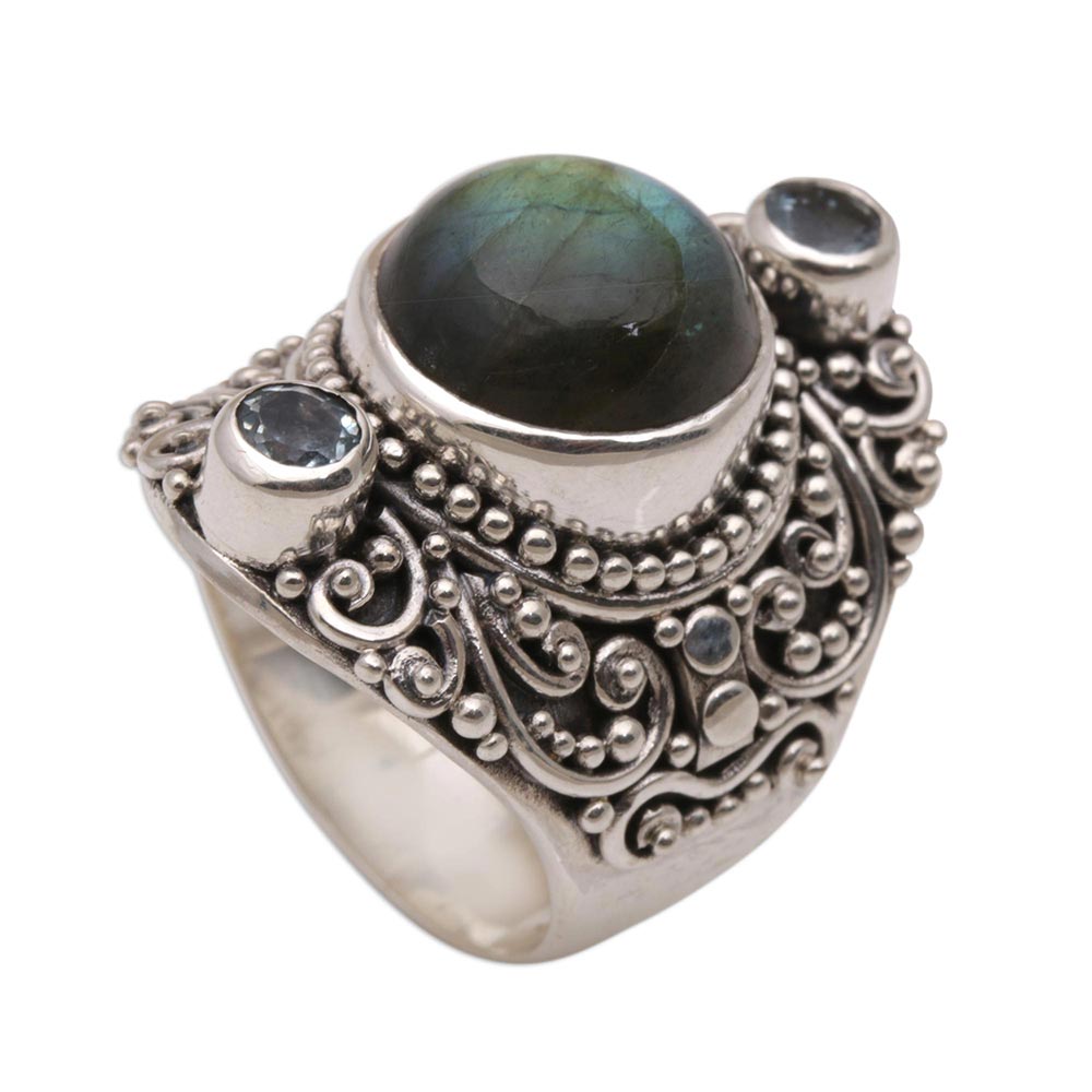 Premium Labradorite & Blue Topaz Cocktail Ring - Handcrafted Sterling Silver Jewelry from Bali