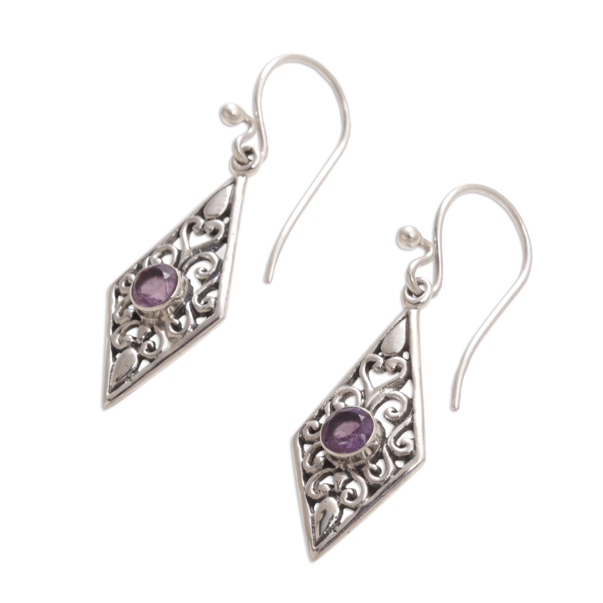 Premium Diamond Vines Amethyst Sterling Silver Dangle Earrings - Handcrafted Elegance