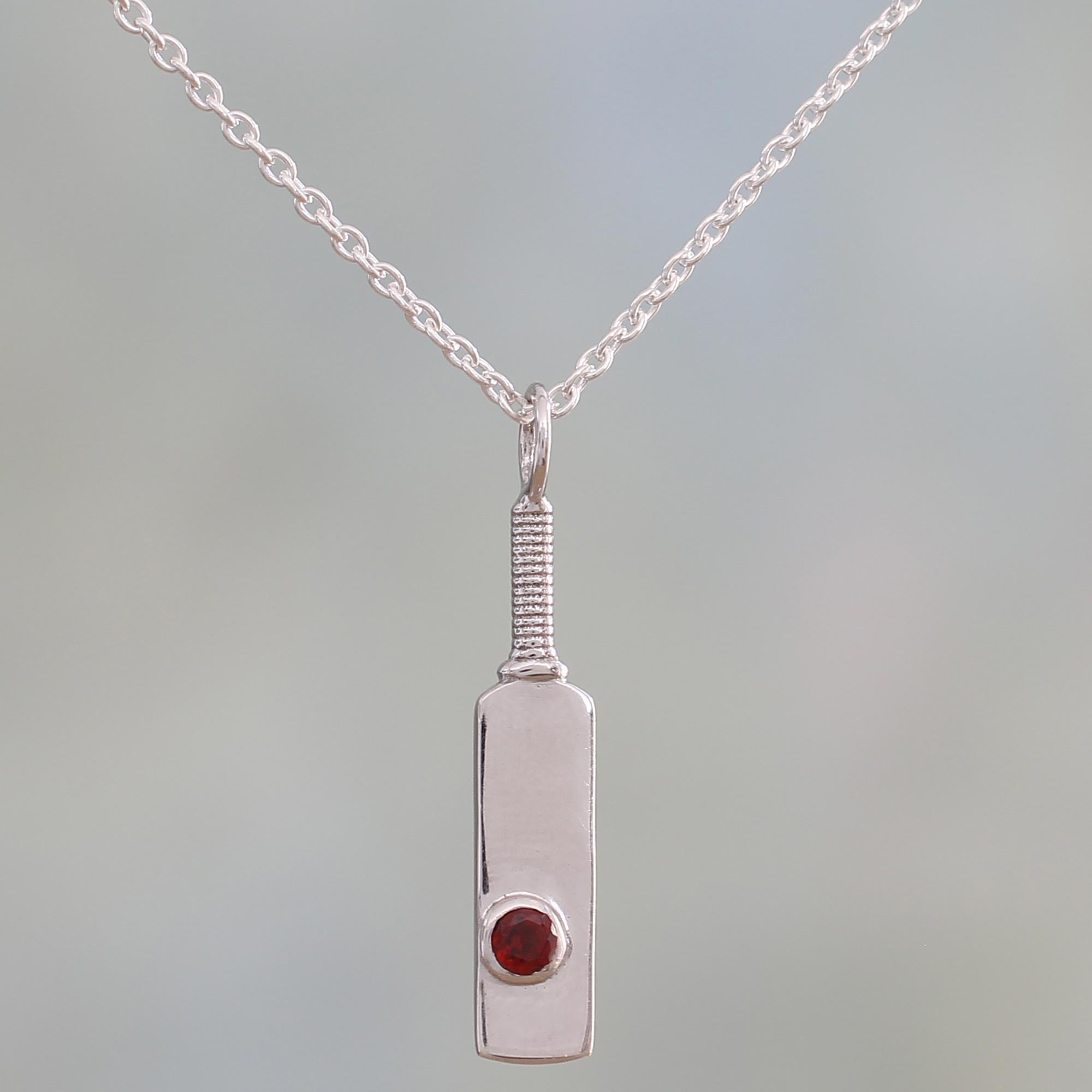 Premium Sterling Silver Cricket Bat Pendant Necklace with Garnet - A Tribute to India's Cricket Passion