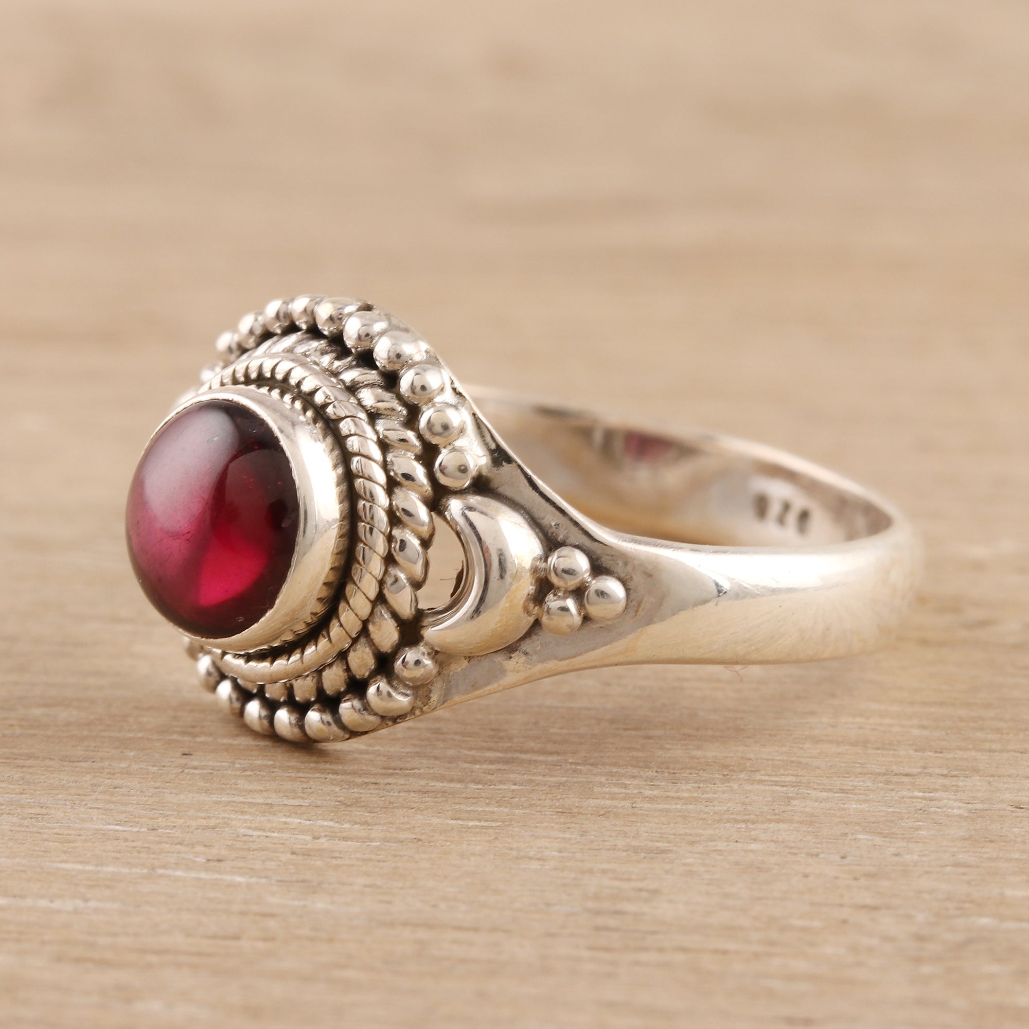 Premium Moon Garnet & Sterling Silver Cocktail Ring - Handcrafted in India