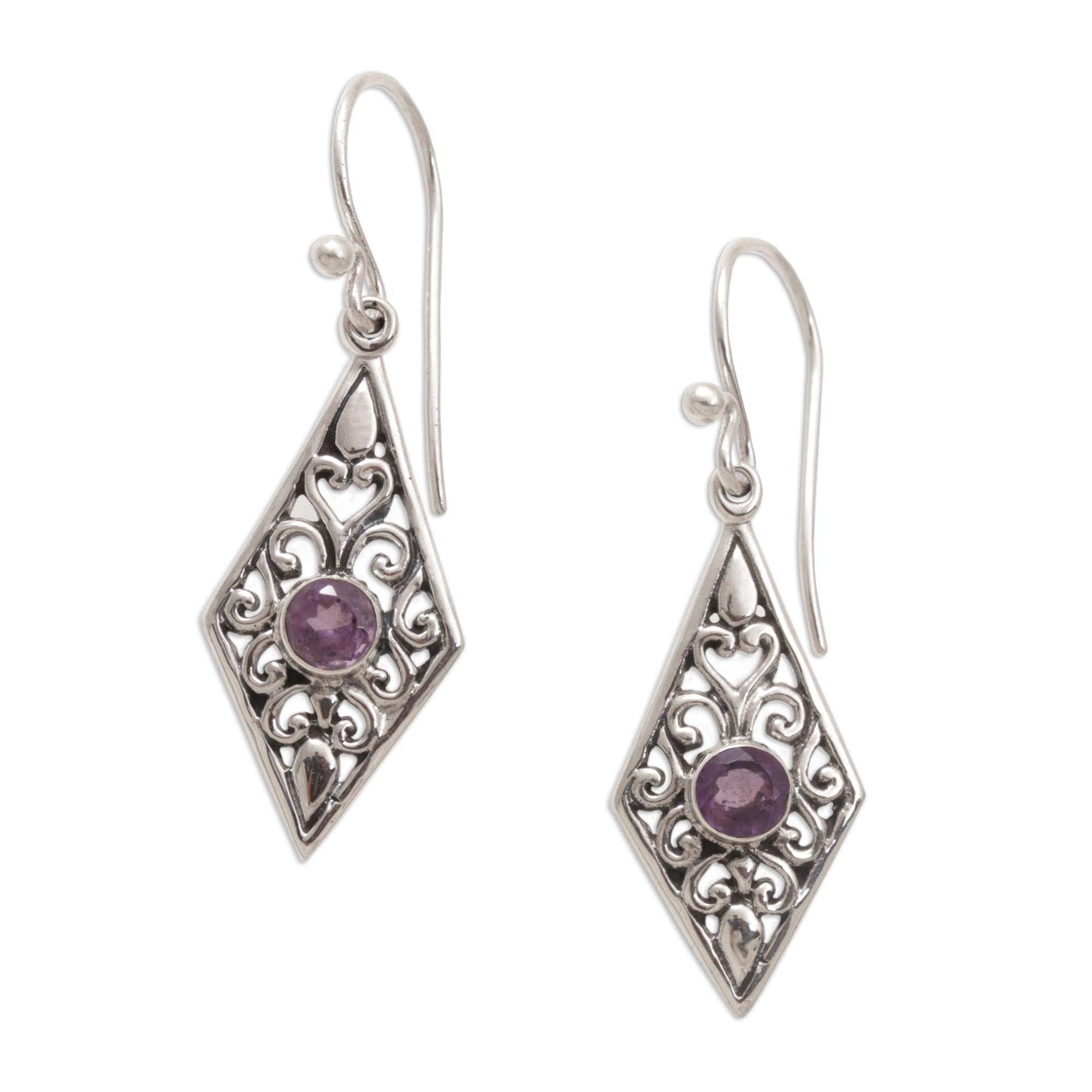 Premium Diamond Vines Amethyst Sterling Silver Dangle Earrings - Handcrafted Elegance