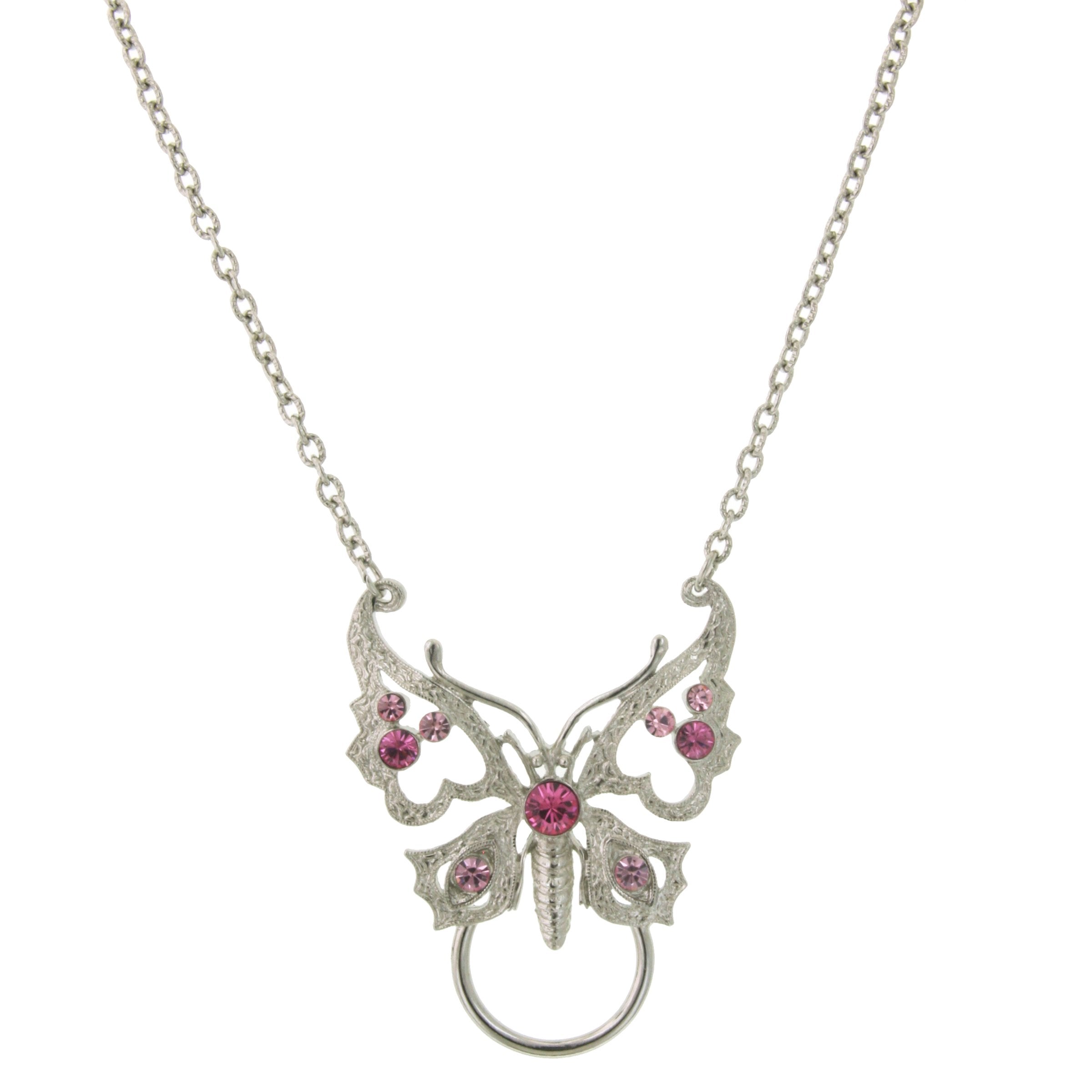 Premium 1928 Jewelry® Silver Butterfly Necklace with Pink Crystals | Eyeglass Holder & Badge