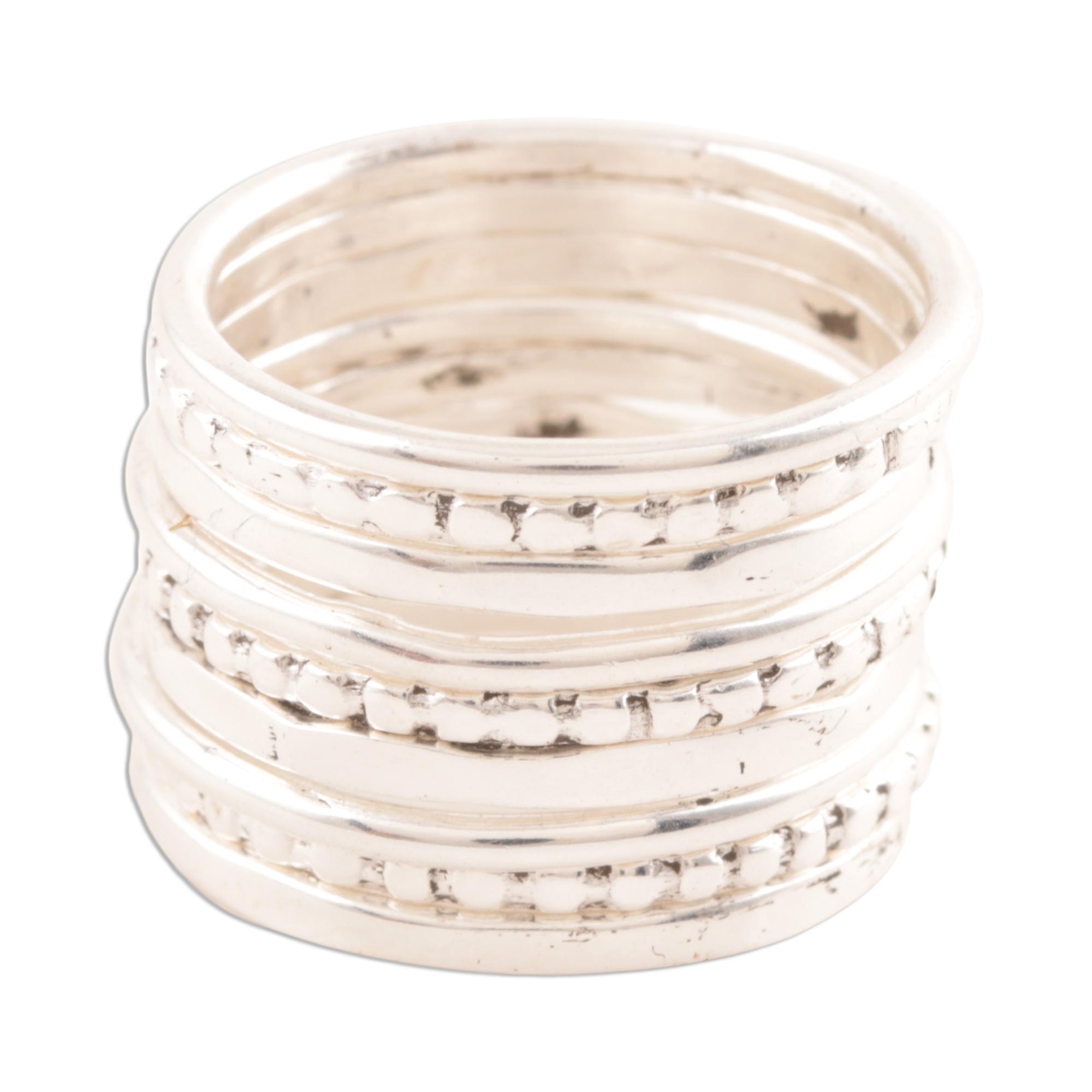 Premium Friendship Sterling Silver Band Rings Set - Handcrafted in India (Set of 9)