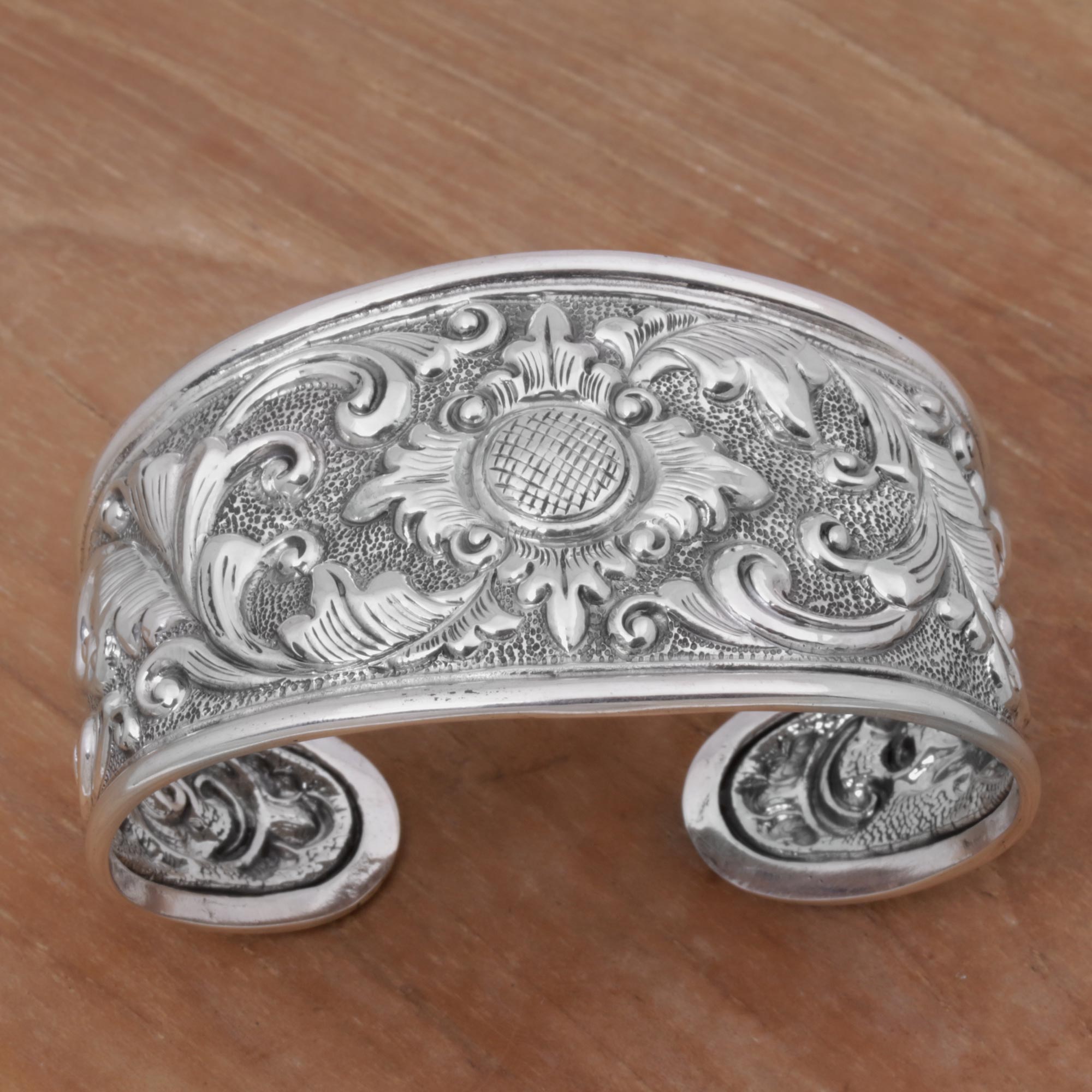 Premium Floral Sterling Silver Cuff Bracelet - Handcrafted Elegance