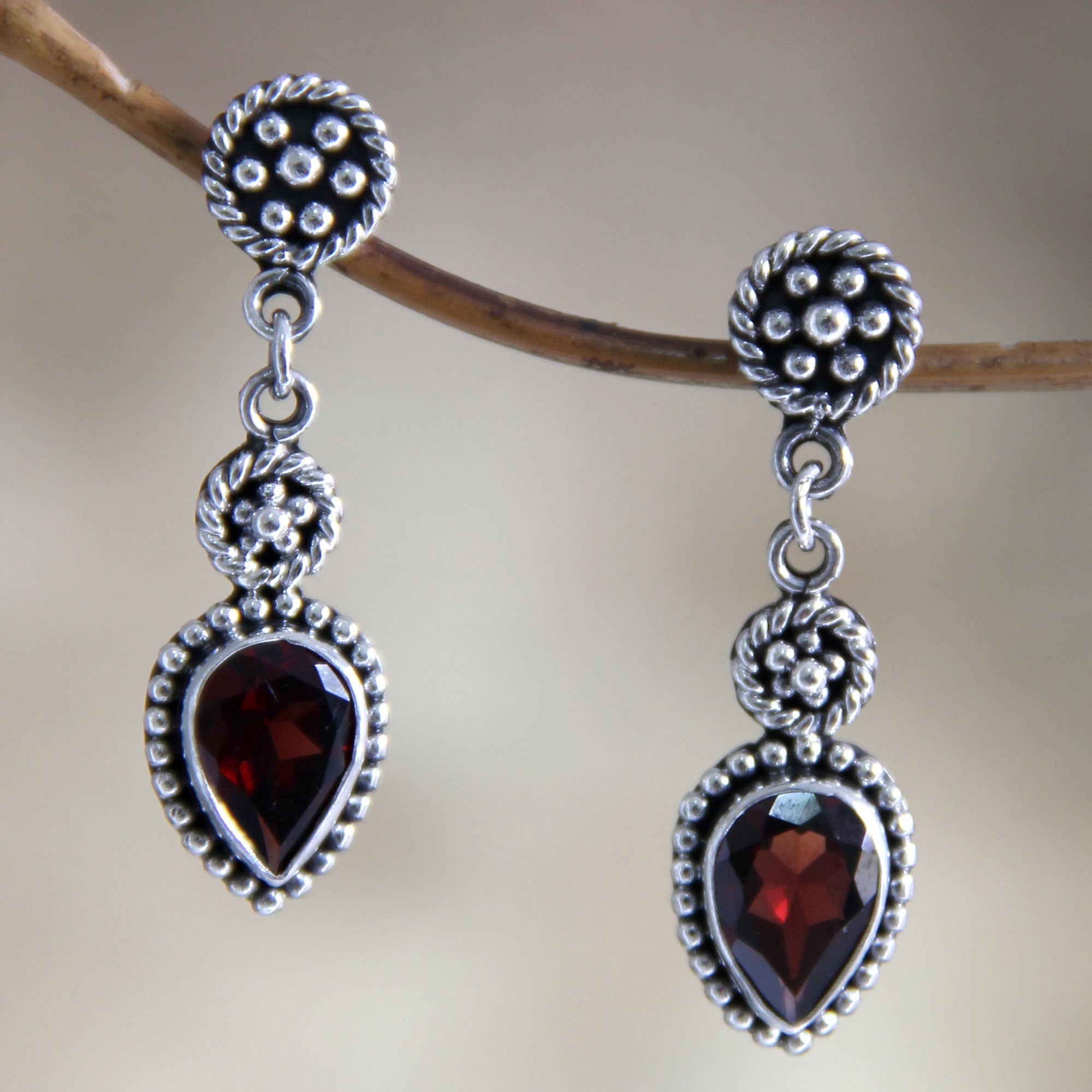 Premium Balinese Jackfruit Dangle Earrings – Handmade Sterling Silver with Garnet