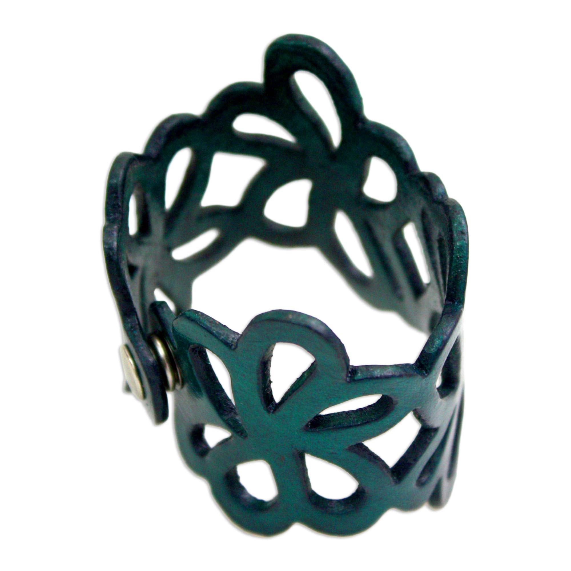 Premium Dark Teal Petals Leather Cuff Bracelet - Handcrafted Tropical Floral Design