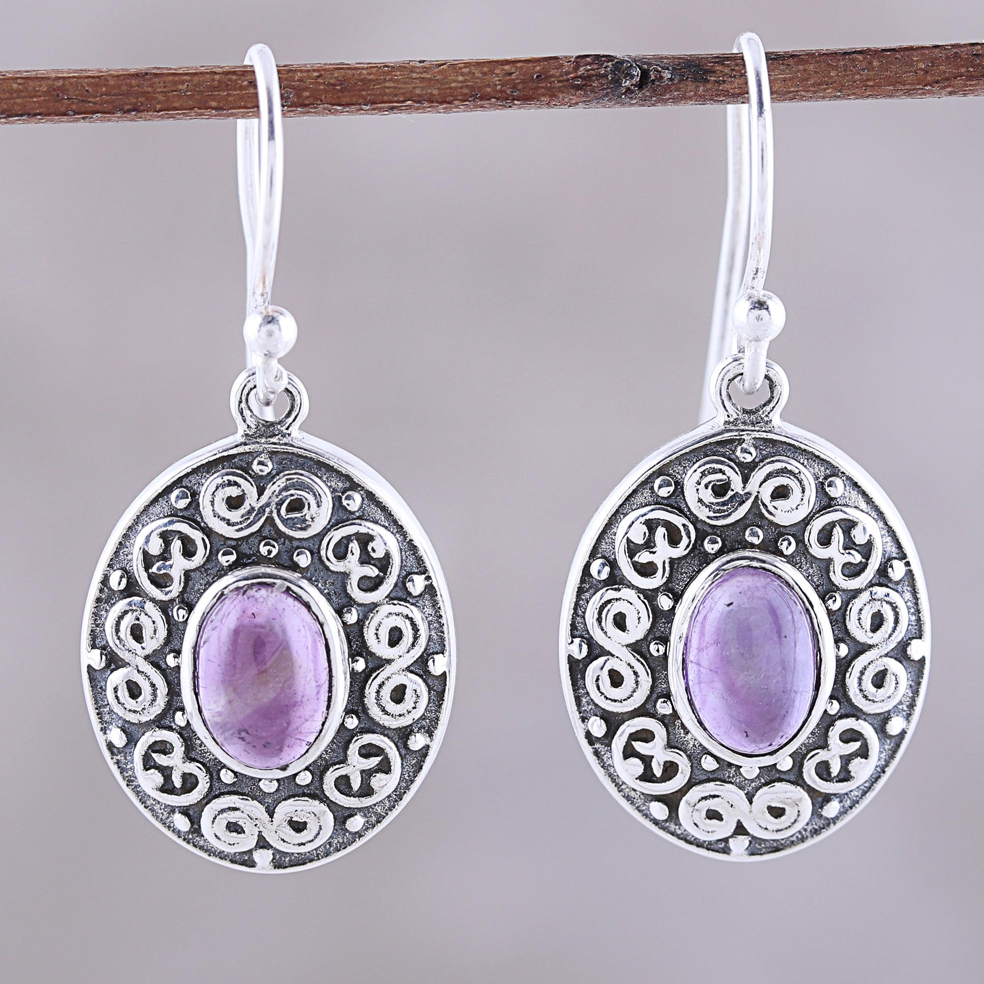 Premium Swirling Ellipse Amethyst Dangle Earrings - Handcrafted in India