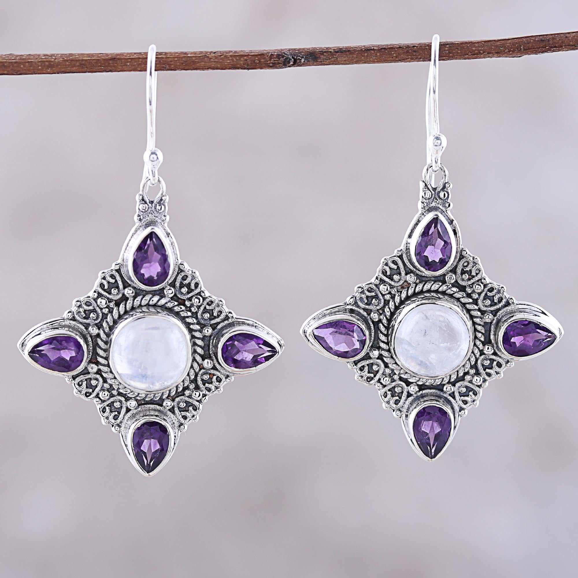 Premium Eternal Delight Rainbow Moonstone & Amethyst Sterling Silver Dangle Earrings