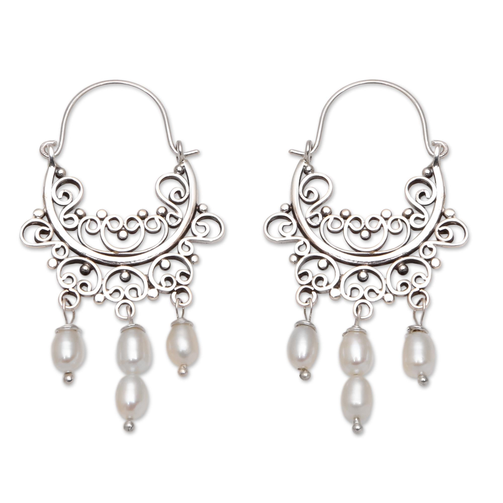 Premium Silver-White Cultured Pearl Chandelier Earrings | Handcrafted in Bali