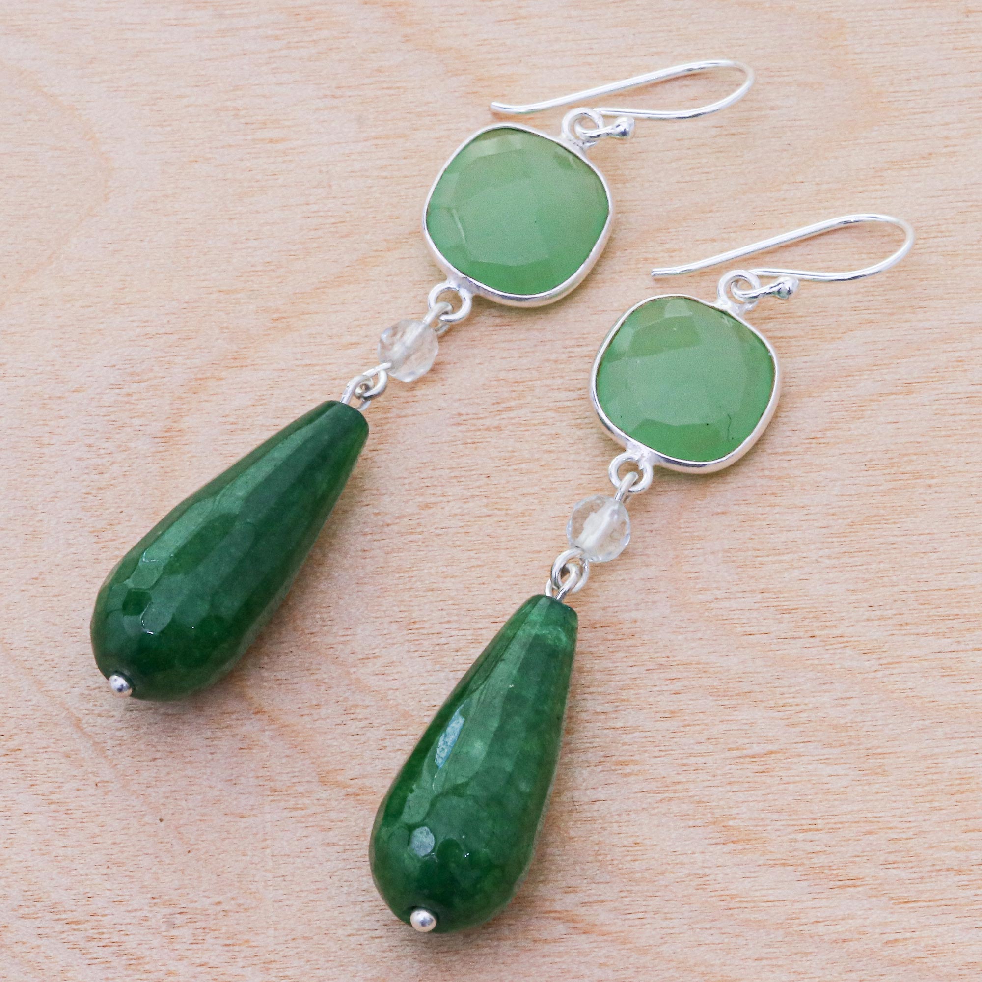 Premium Green Chalcedony & Quartz Dangle Earrings - Ultimate Elegance