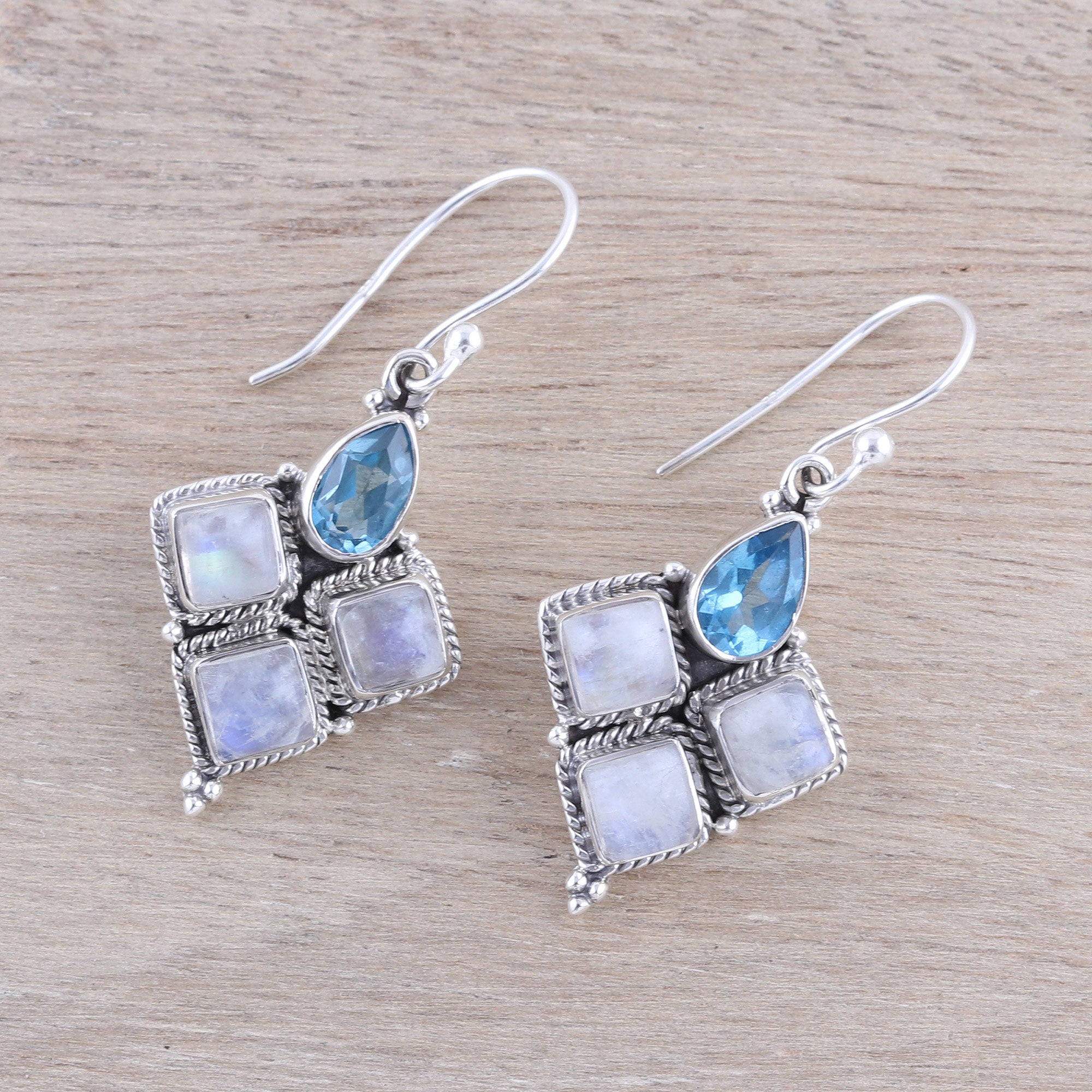 Premium Rainbow Moonstone & Blue Topaz Dangle Earrings - Handcrafted Sterling Silver Jewelry