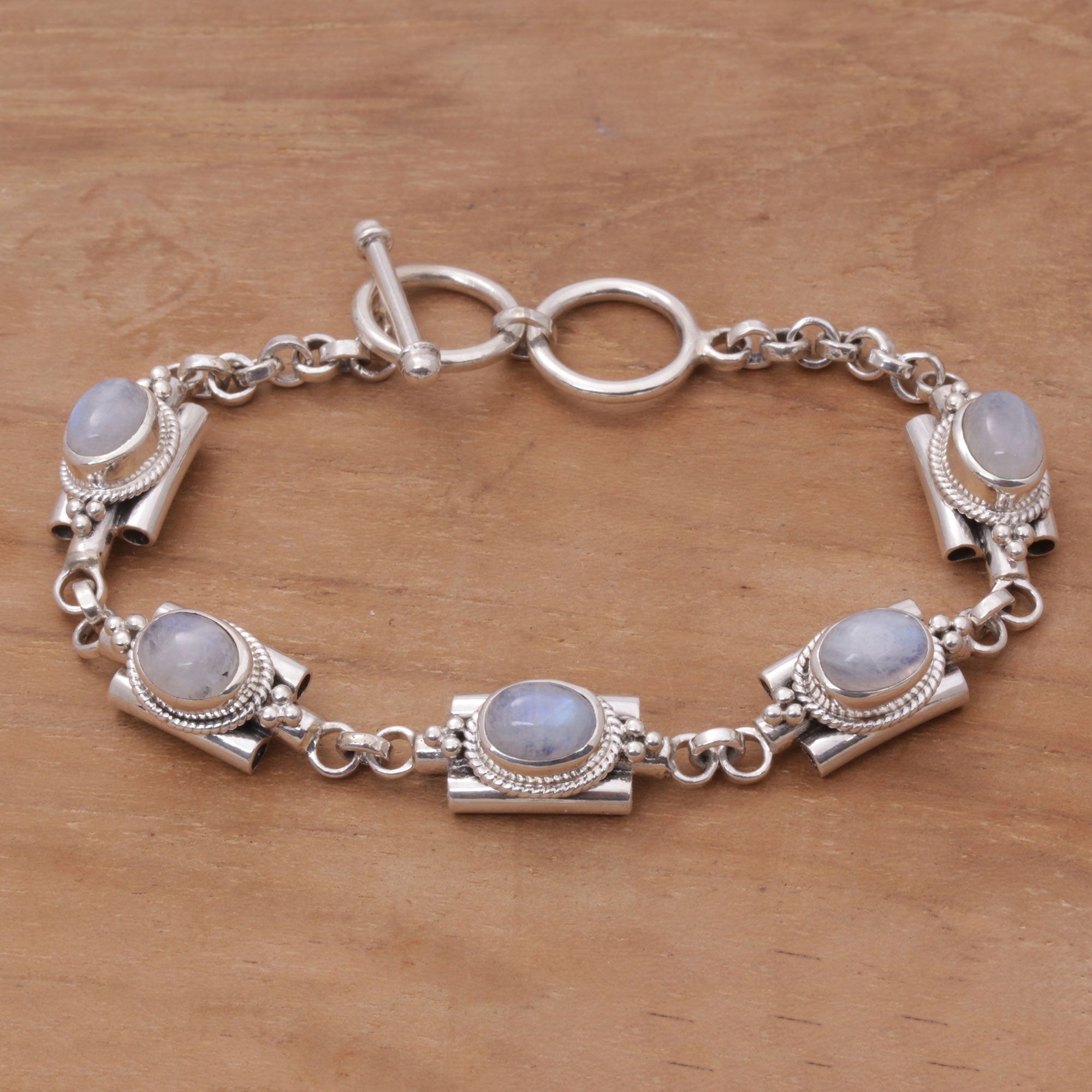 Premium Misty Domes Silver & Rainbow Moonstone Bracelet - Handcrafted Elegance