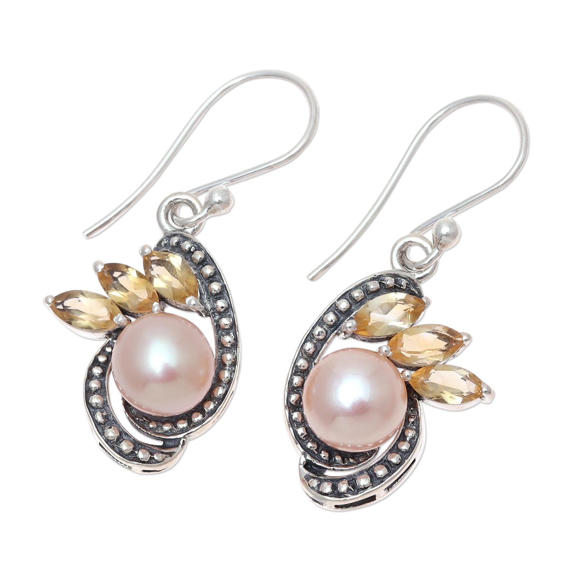 Ultimate Elegance: Peach Cultured Pearl & Citrine Sterling Silver Dangle Earrings