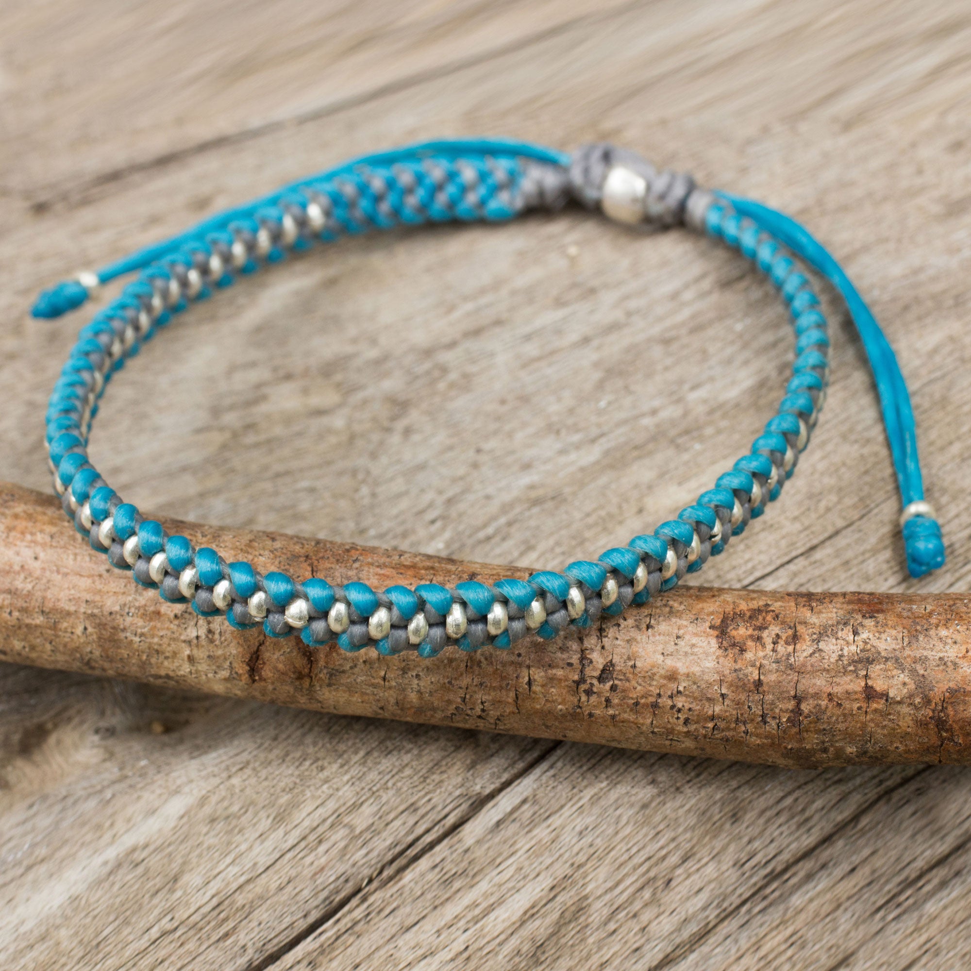 Premium Handcrafted Blue Grey Macrame Bracelet with Hill Tribe Silver Beads