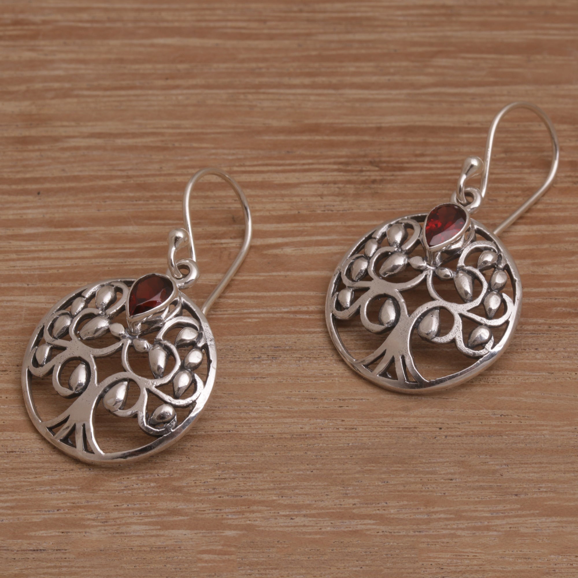 Premium Balinese Garnet & Sterling Silver Tree Dangle Earrings - Handcrafted Elegance