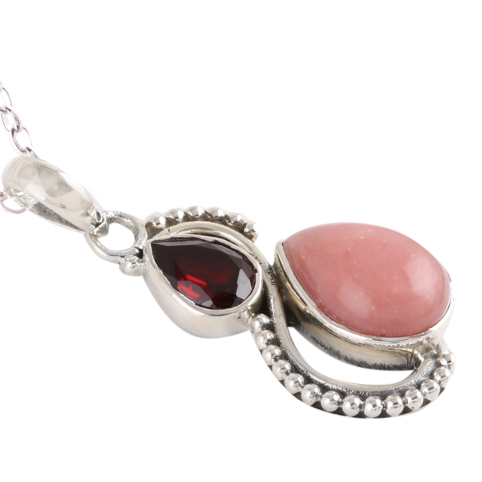 Premium Teardrop Garnet & Opal Pendant Necklace - Handcrafted Sterling Silver Jewelry from India