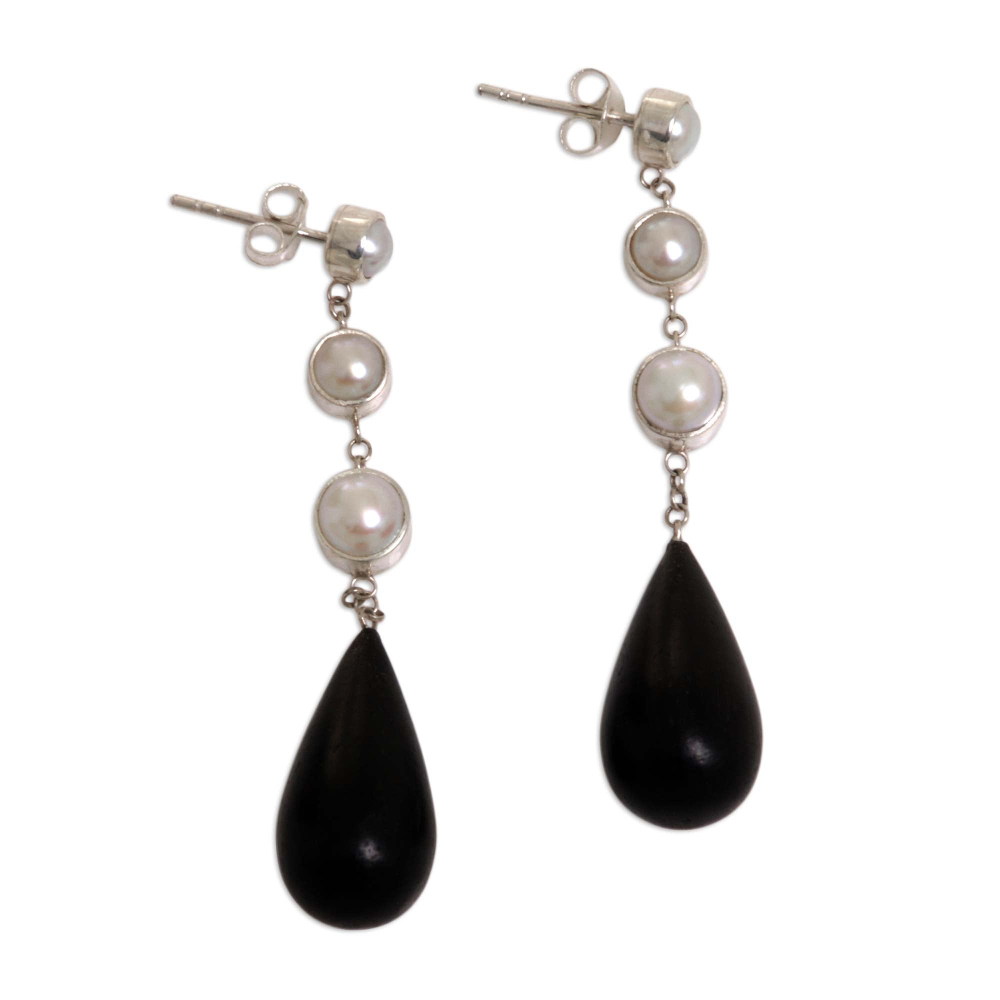 Premium Night Tear Pearl Silver & Wood Dangle Earrings - Handcrafted Elegance