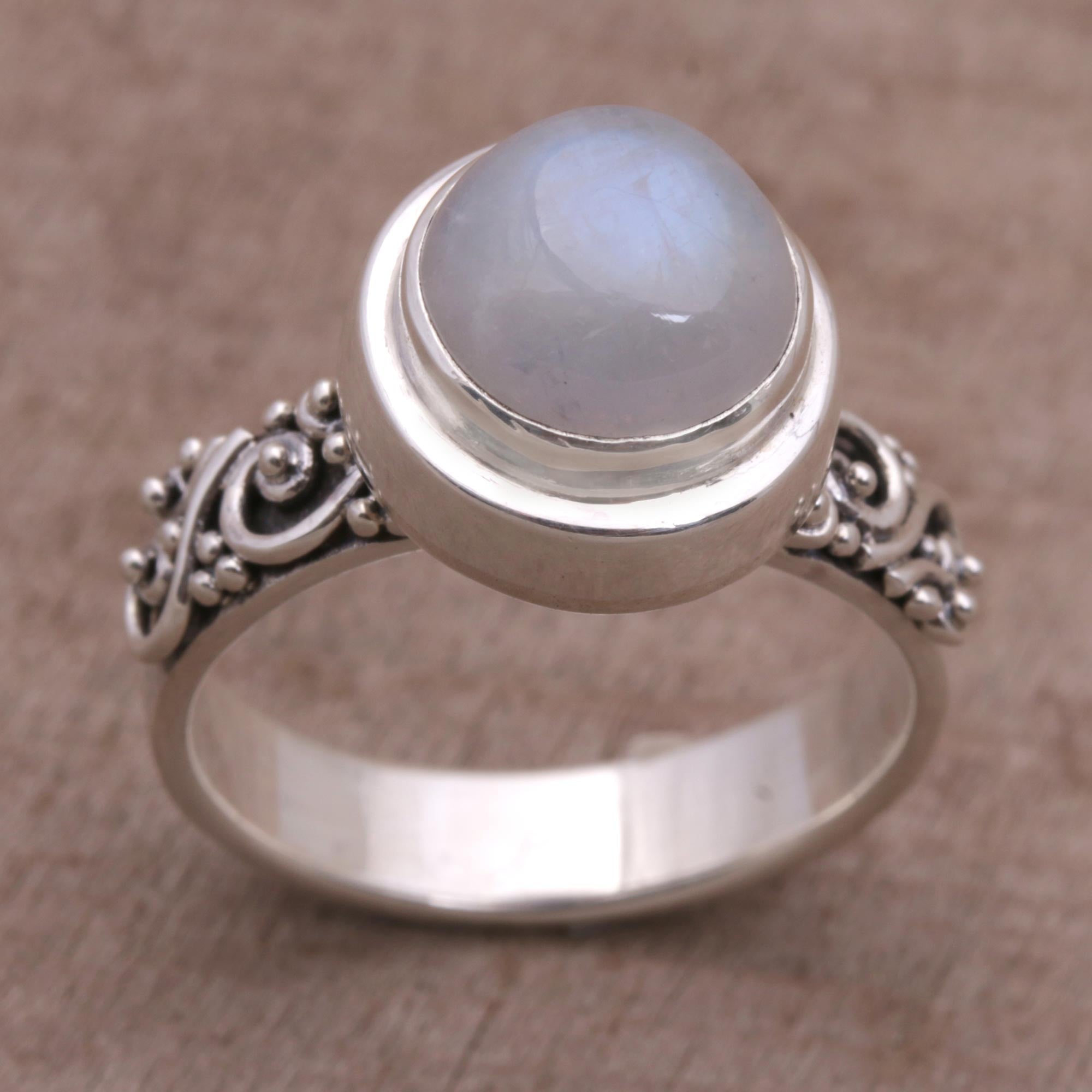 Premium Translucent Forest Rainbow Moonstone & Sterling Silver Ring – Handcrafted in Bali