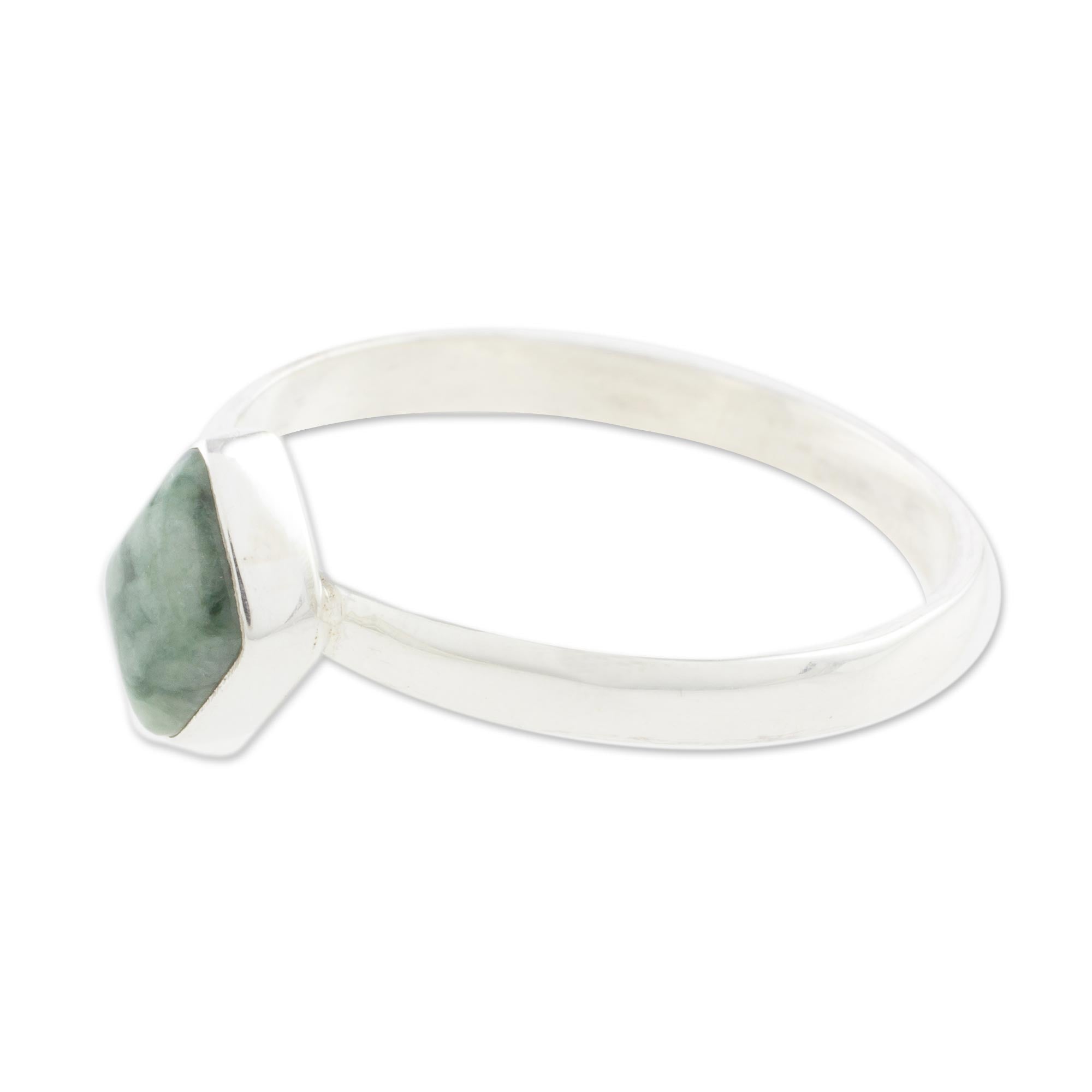 Premium Green Rhombus Jade Ring - Handcrafted Sterling Silver Jewelry from Guatemala