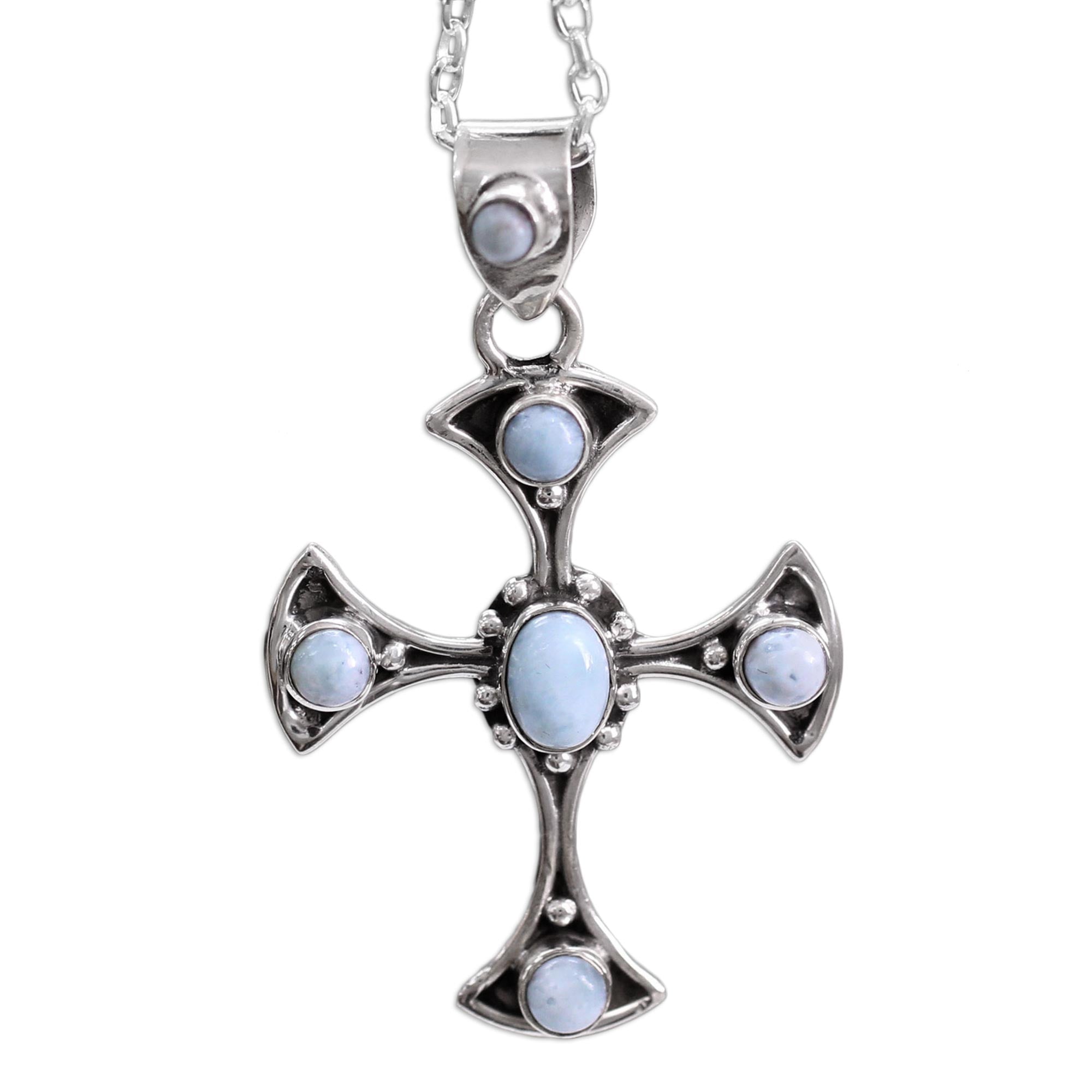 Premium Sacred Memory Larimar & Sterling Silver Cross Pendant Necklace